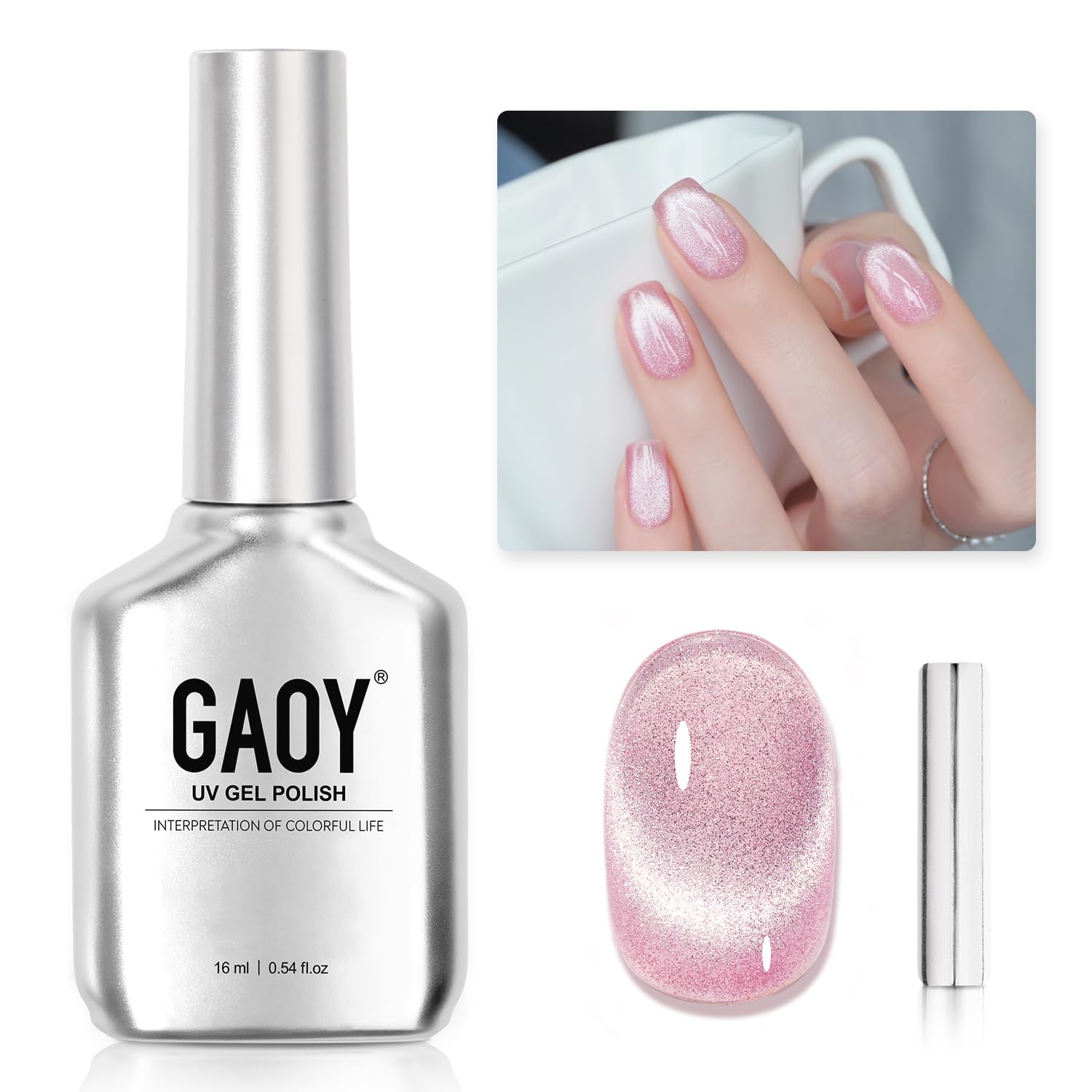 Gaoy Cat Eye Gel Nail Polish, 16Ml Pink Glitter Holographic Nail Polish With Magnet, Reflective Translucent Uv Gel, 2219 Dazzlin