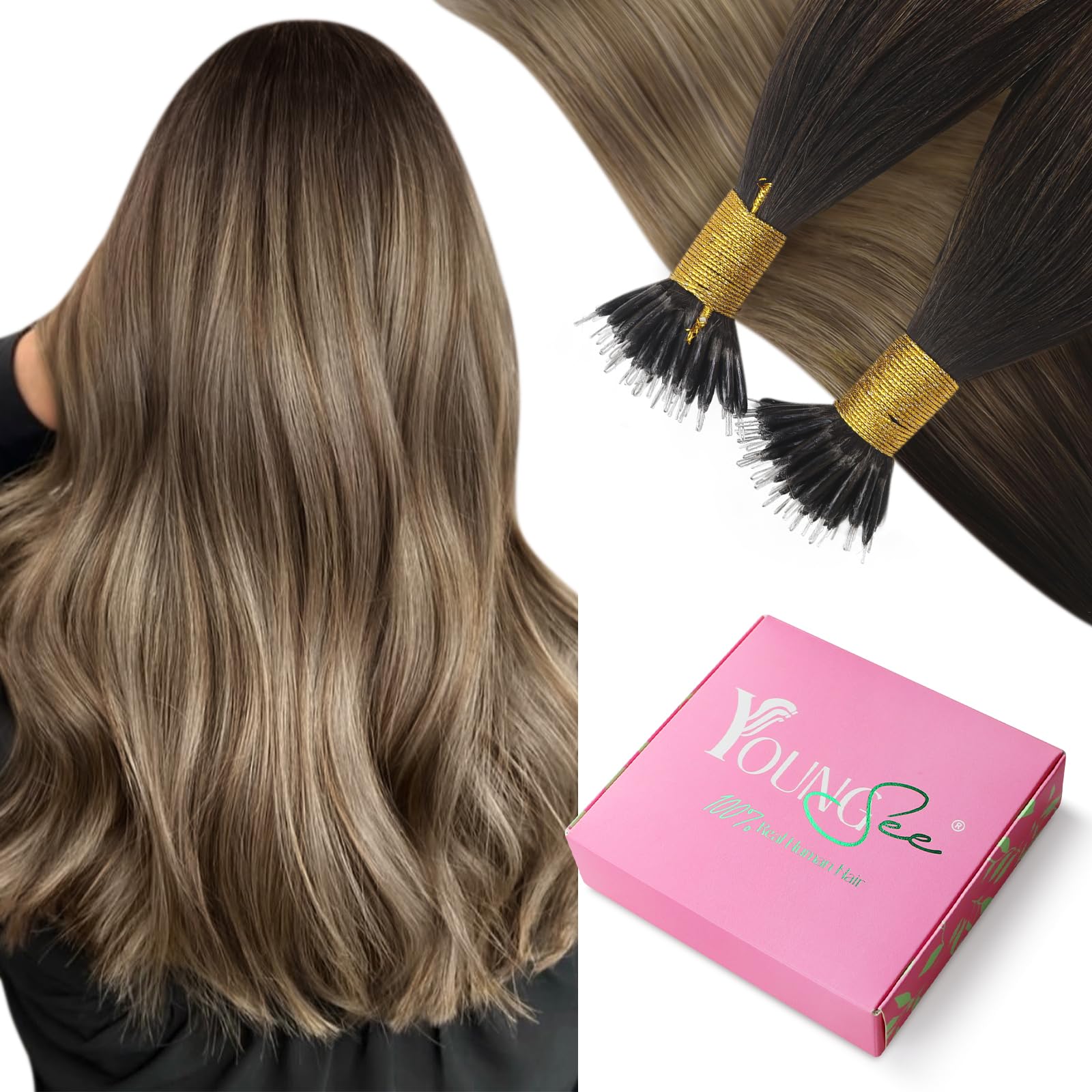 YoungSee Remy Ring Hair Extensions Balayage Dark Brown with Blonde Beads - Human Hair 24 Nano Link Extensions 1g/s 50g