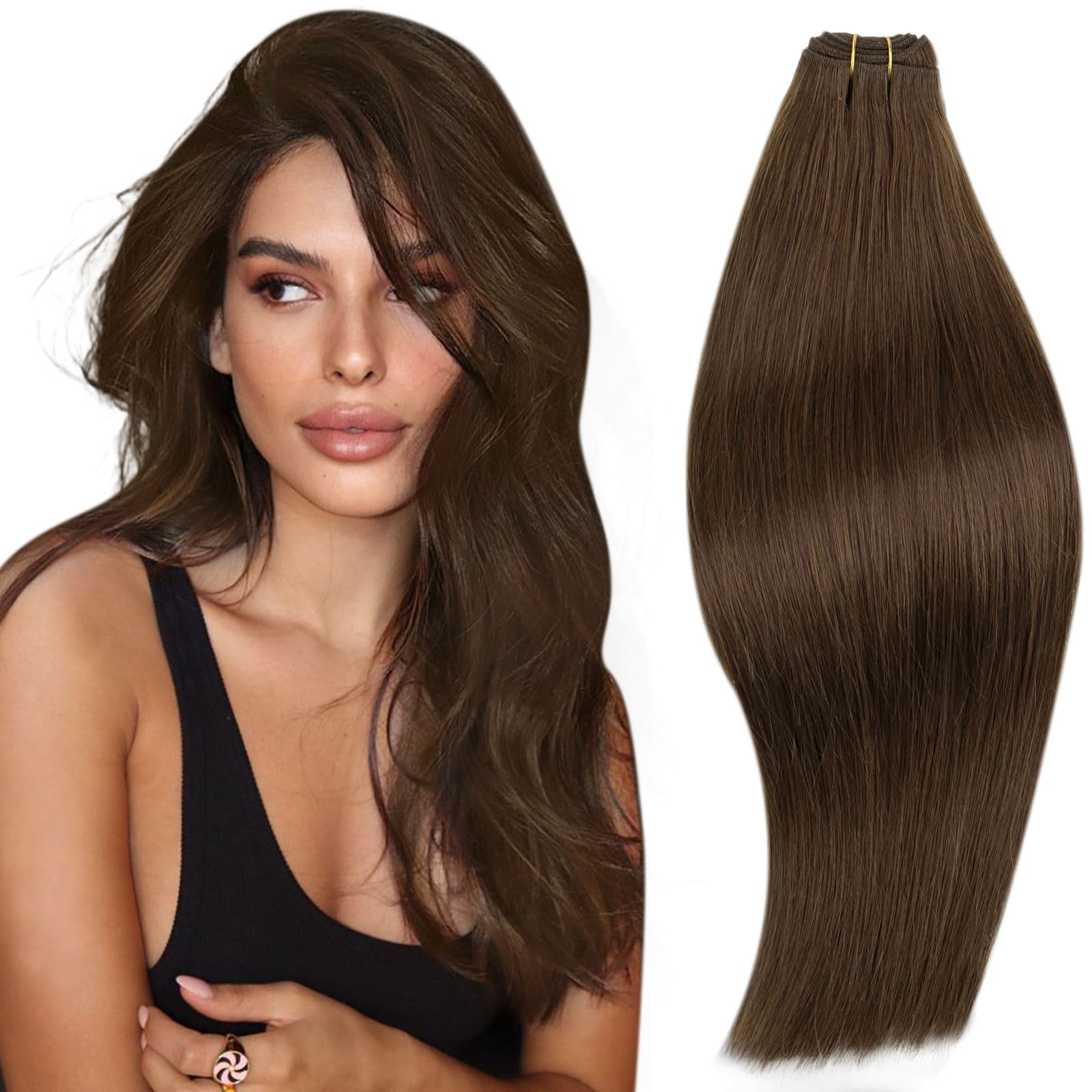 RUNATURE Brown Weft Hair Extensions Human Hair Straight Sew in Hair Extensions Real Human Hair Weft Chocolate Brown Hand Tied We