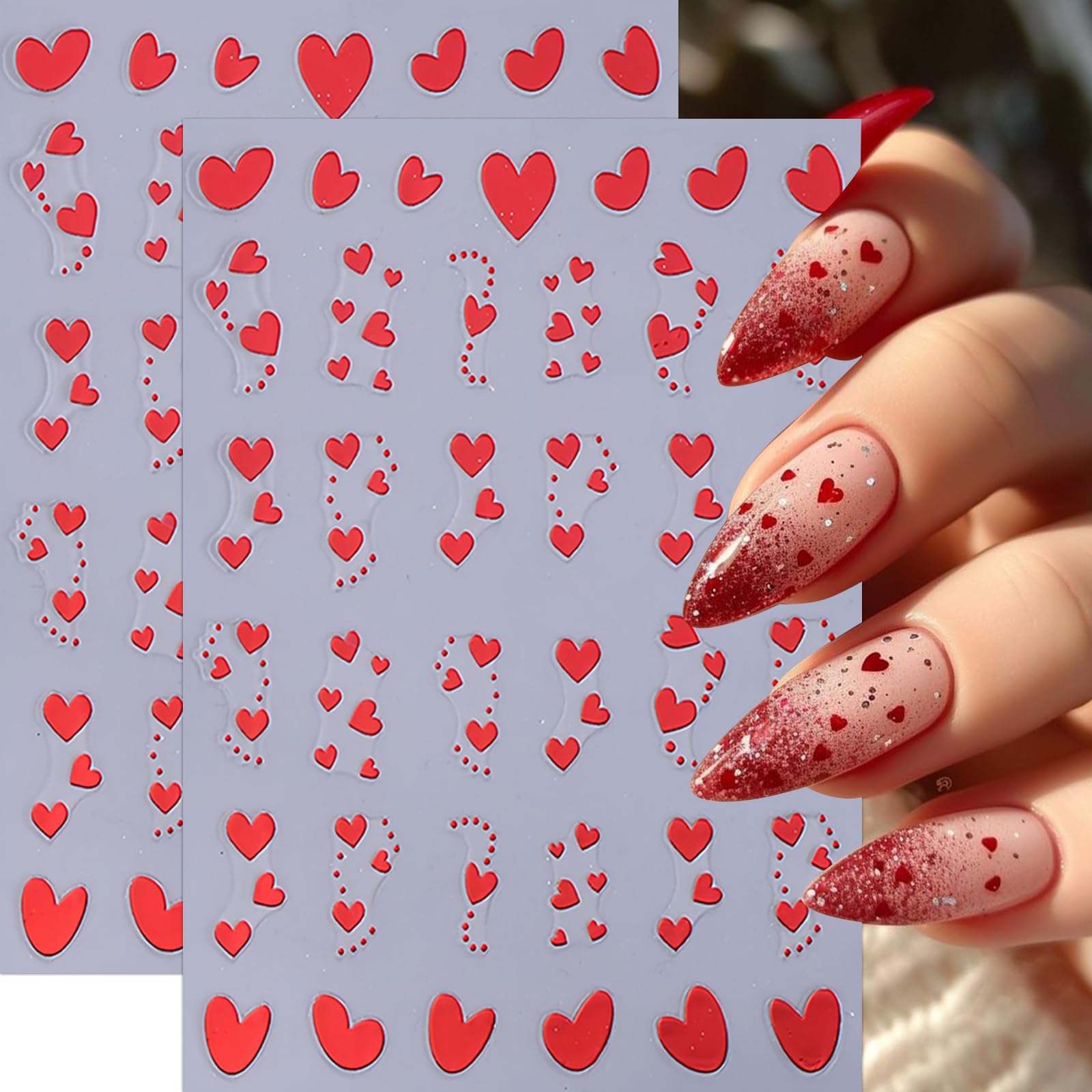 8Sheets Heart Nail Stickers Red Love Nail Decals 3D Self-Adhesive Valentine'S Day Nail Art Stickers White Black Heart Nail Desig