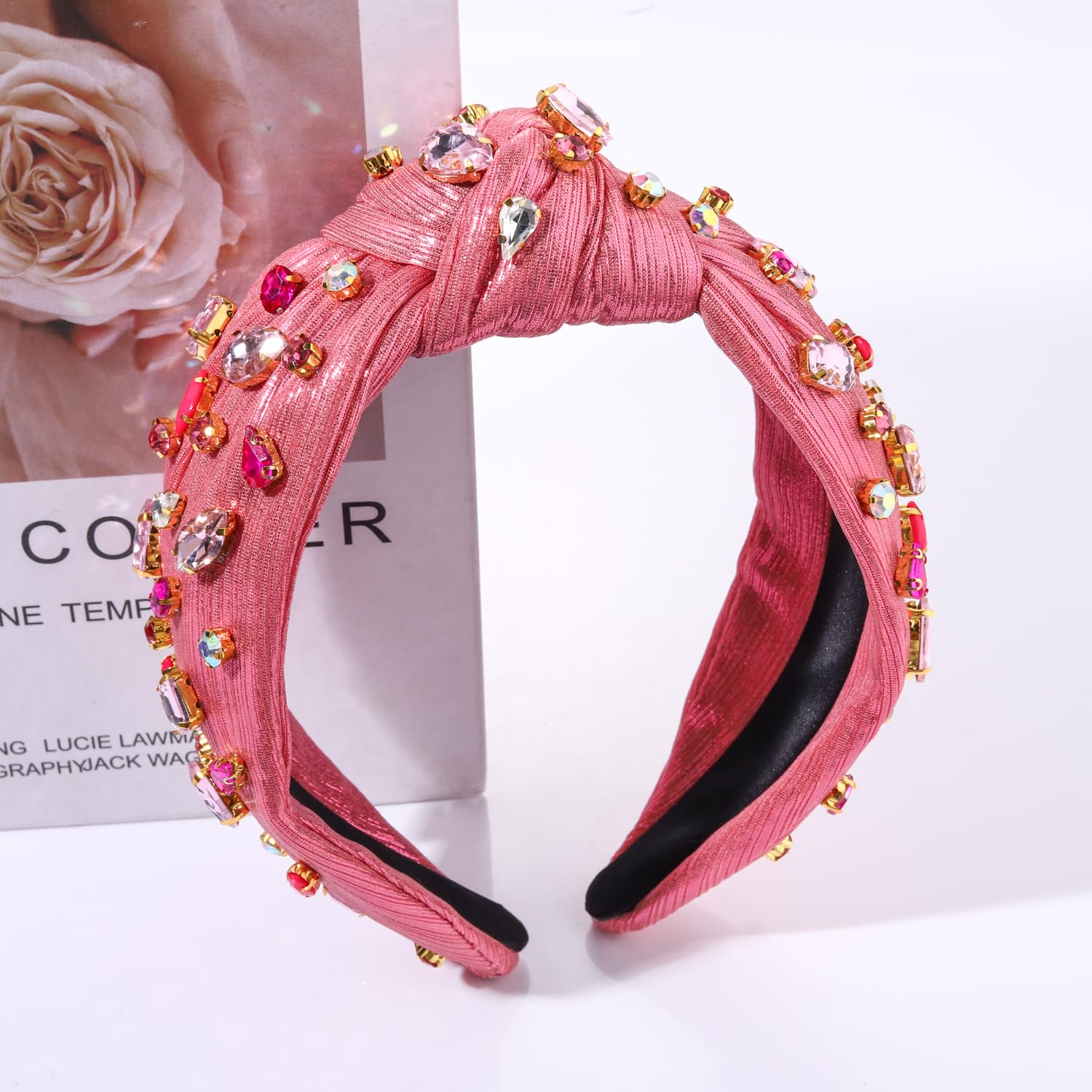 HEIDKRUEGER Crystal Knotted Headband Rose Red Beads Embellished Headband for Women Girls Sweet Fashion Hair Hoop Accessories (Pi