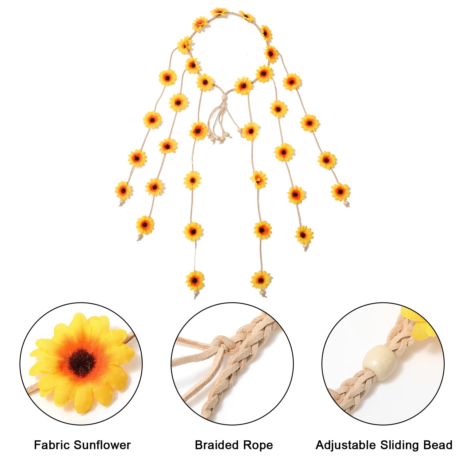 Awaytr Flower Hippie Headband Floral Crown Behemain Sunflowers Beads Adjust Flower Headdress Hair Accessories (Yellow)