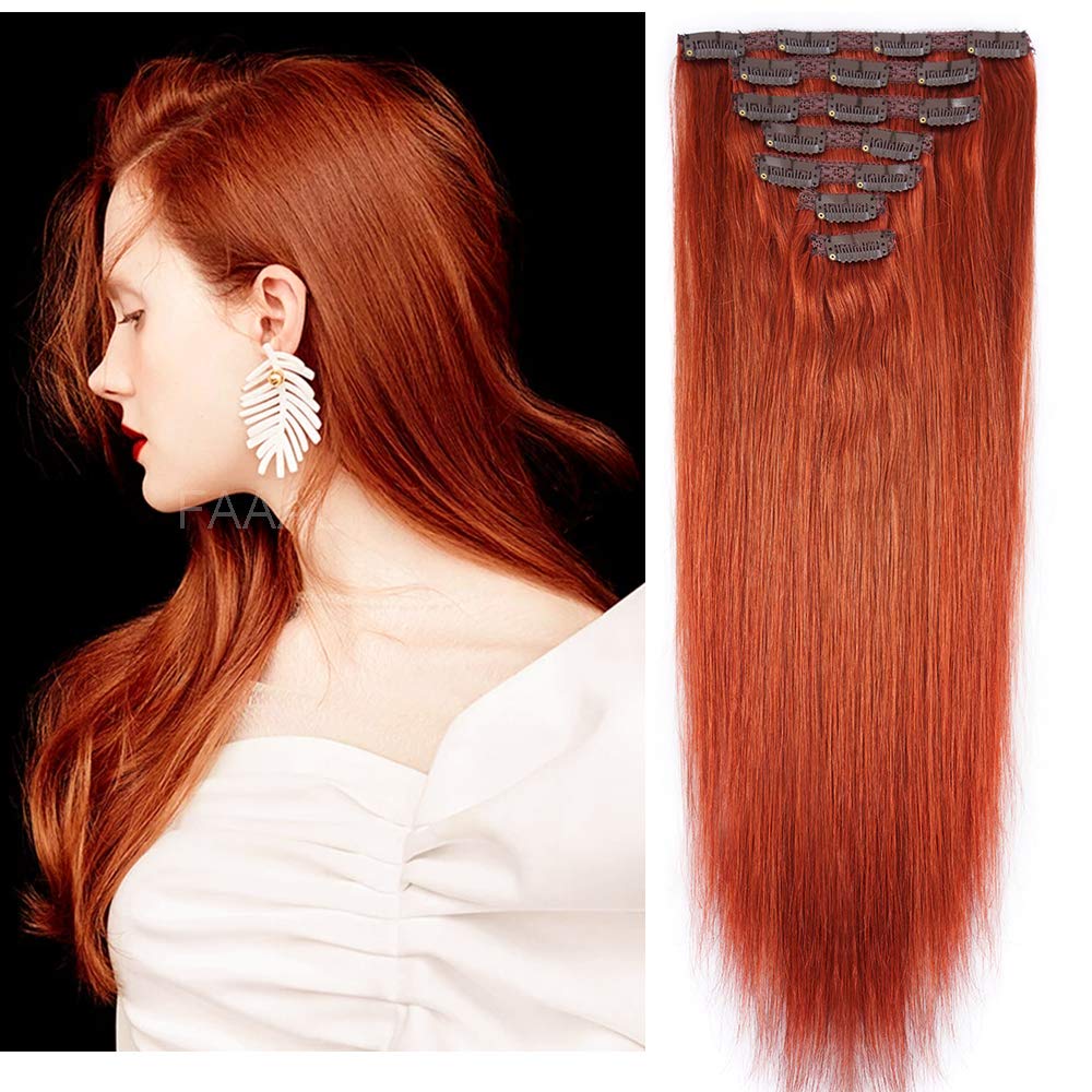20'' Clip in Human Hair Extensions Full Head 180g 7 Pieces 16 Clips Copper Red Double Weft Brazilian Real Remy Hair Extensions T