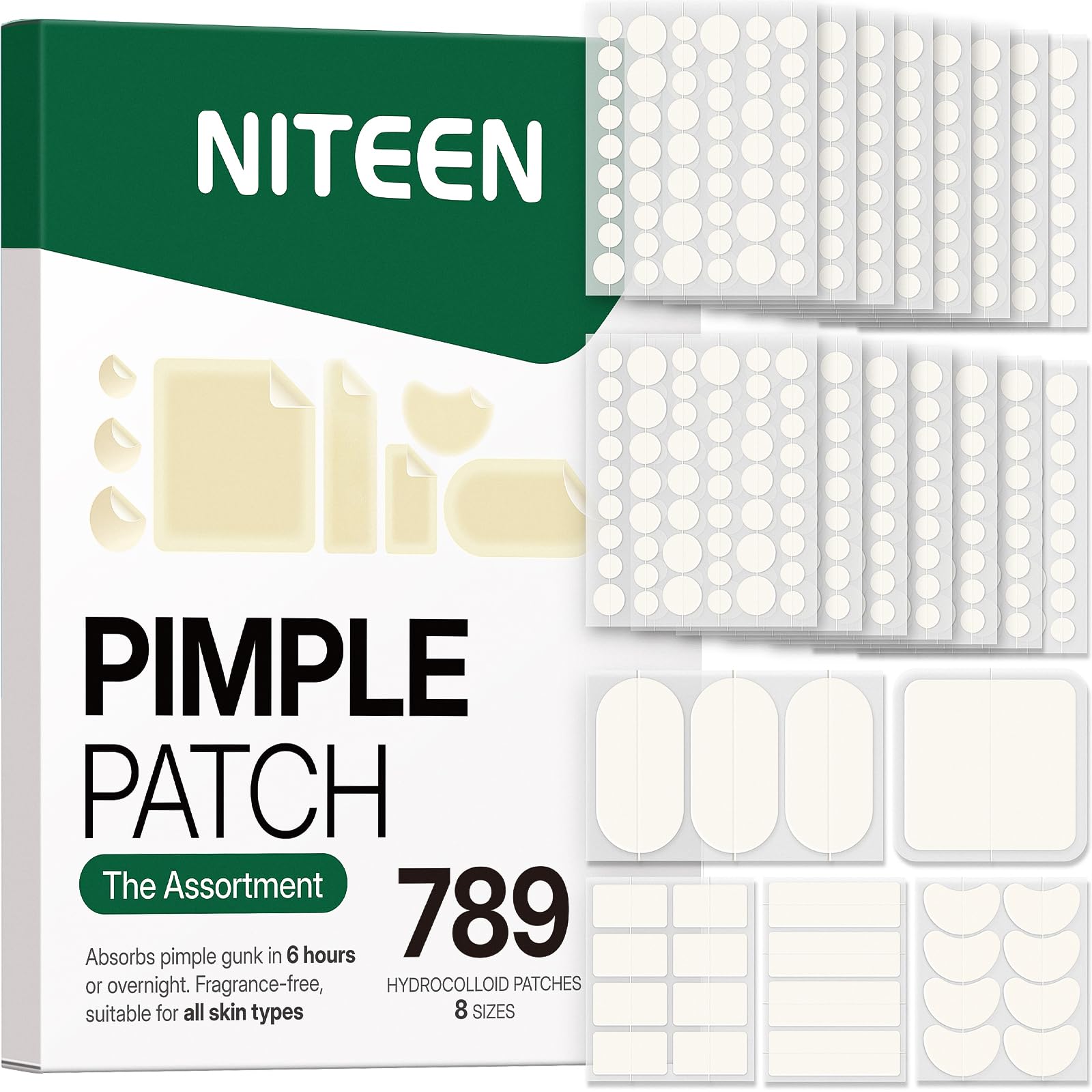 NITEEN 789 Counts 8 Sizes Variety Pack Pimple Patches for Face, Back, Body