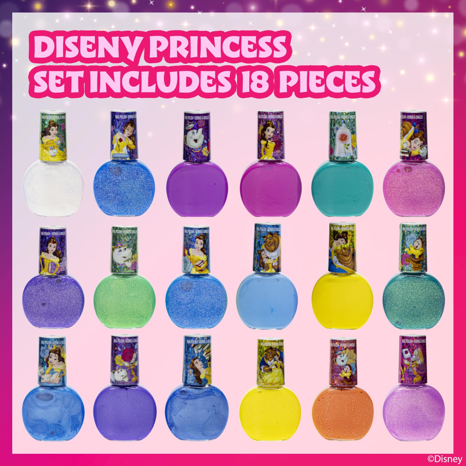 Townley Girl Disney Princess Belle 18 Piece Water-Based Nail Polish Set, Quick Dry and Peels-Off, Nail Paint Set for Girls, Perf