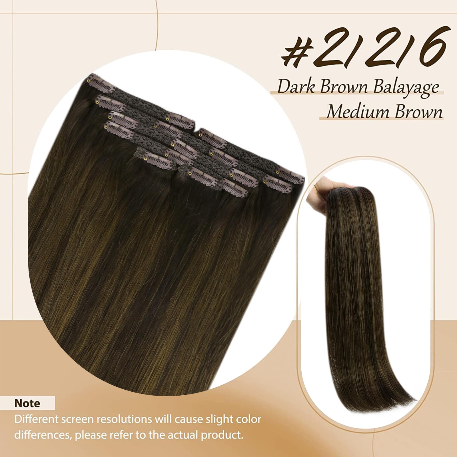 Sunny 135g Clip in Hair Extensions Human Hair Brown Clip in Real Human Hair Extensions Balayage Dark Brown Ombre Medium Brown Cl