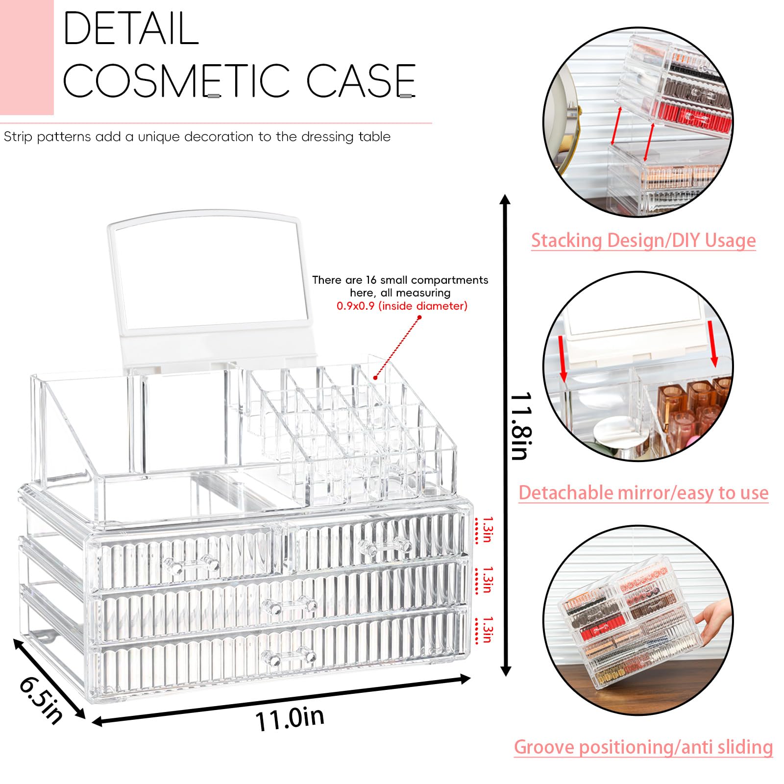 2 Pack Clear Makeup Storage Organizer For Counter - With 4 Drawers And 1 Removable Mirror- Hair Accessory And Cosmetic Storage O