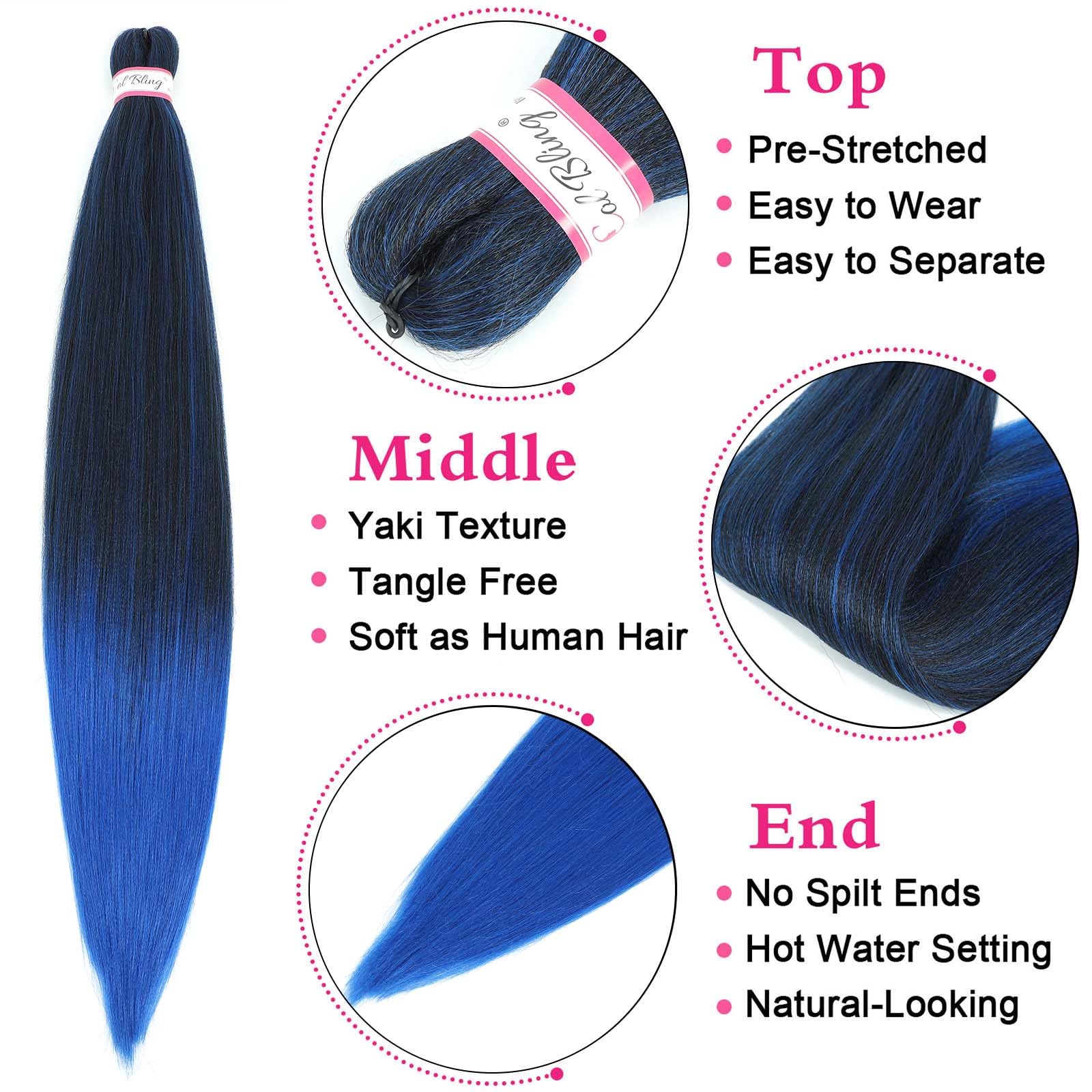 Col Bling Braiding Hair Pre Stretched 28 Inch 3 Packs Braiding Hair Yaki Texture Prestretched Crochet Hair Braids 1B/Blue