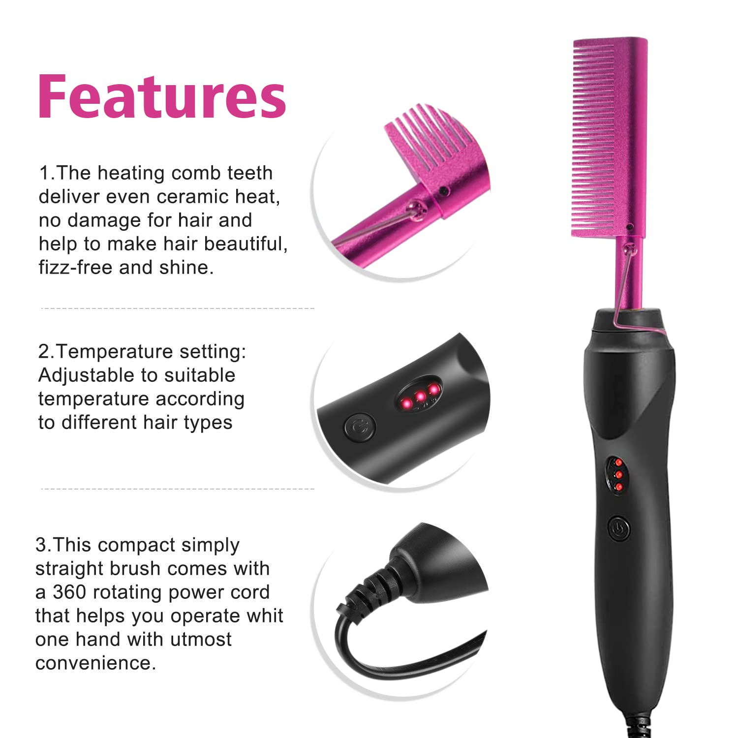 Goiple Electric Hot Comb Pink Hair Straightener & Curling Iron for Natural Black Hair Wigs - Model GEHC005