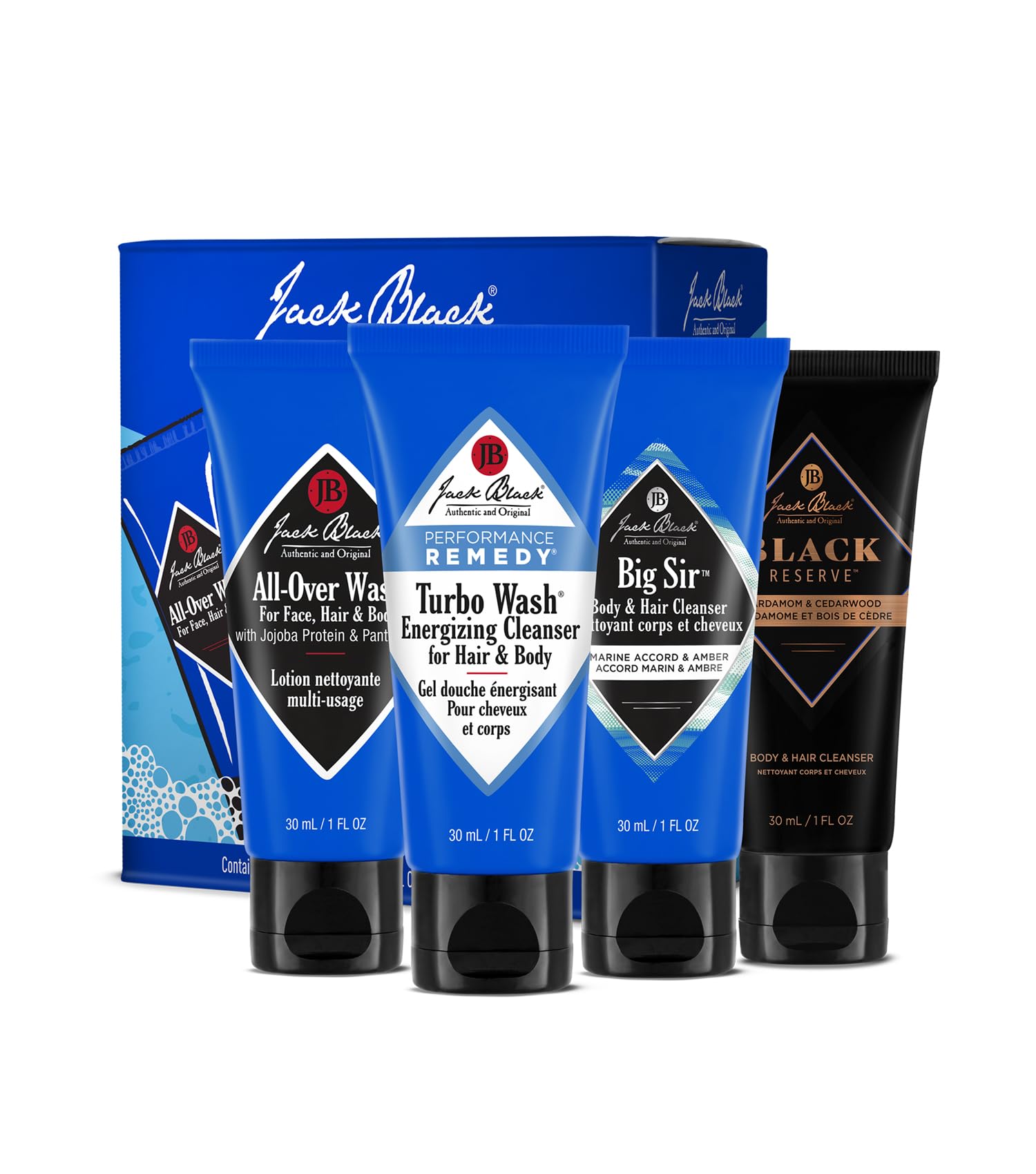 Jack Black Body & Hair Cleanser Collection Set for Men - Mens Body Wash Travel Size Variety Kit (4-Pack)