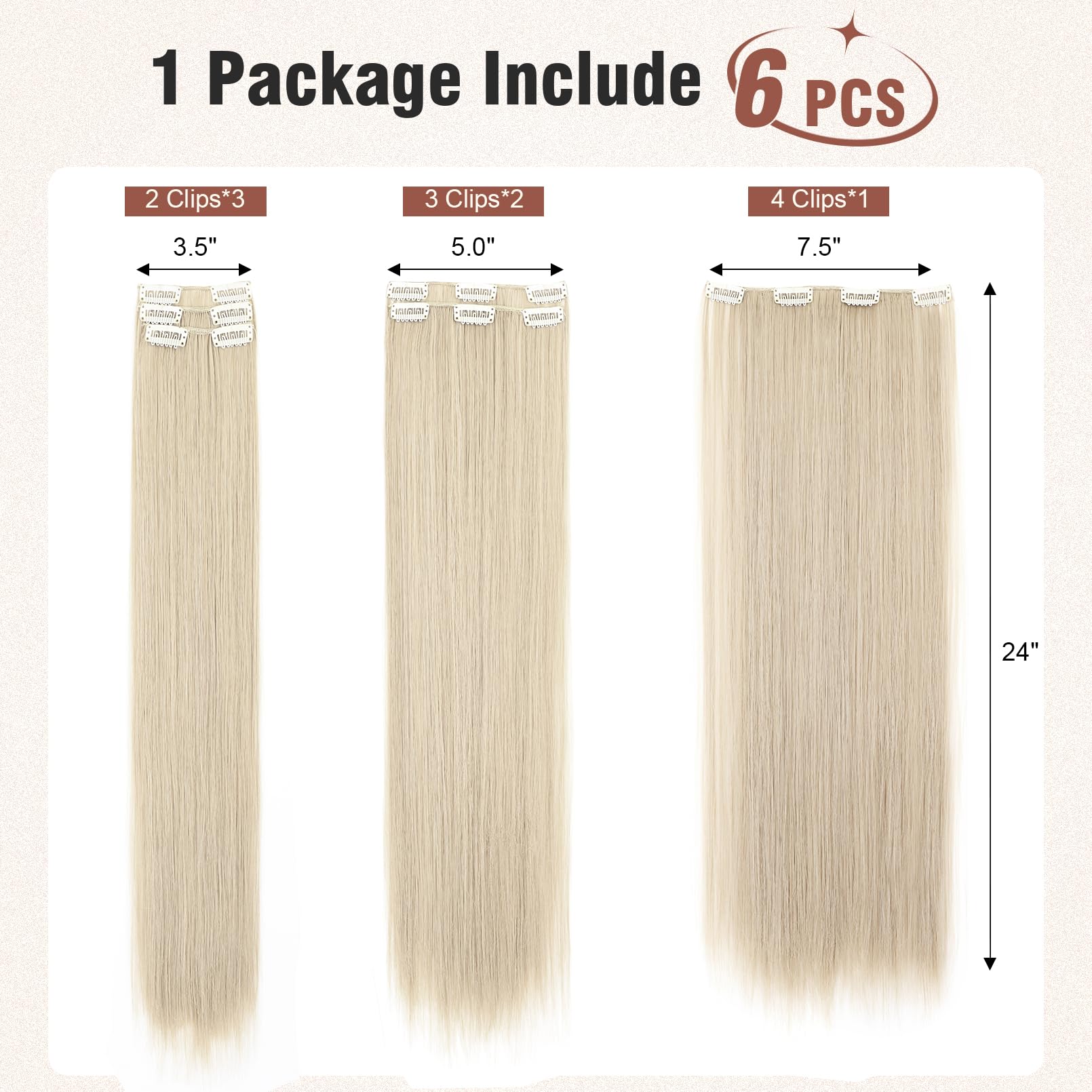 Flufymooz 6Pc Clip In Hair Extensions 24'' Straight Long Extensions For Women Synthetic Hairpiece (Platinum Blonde)