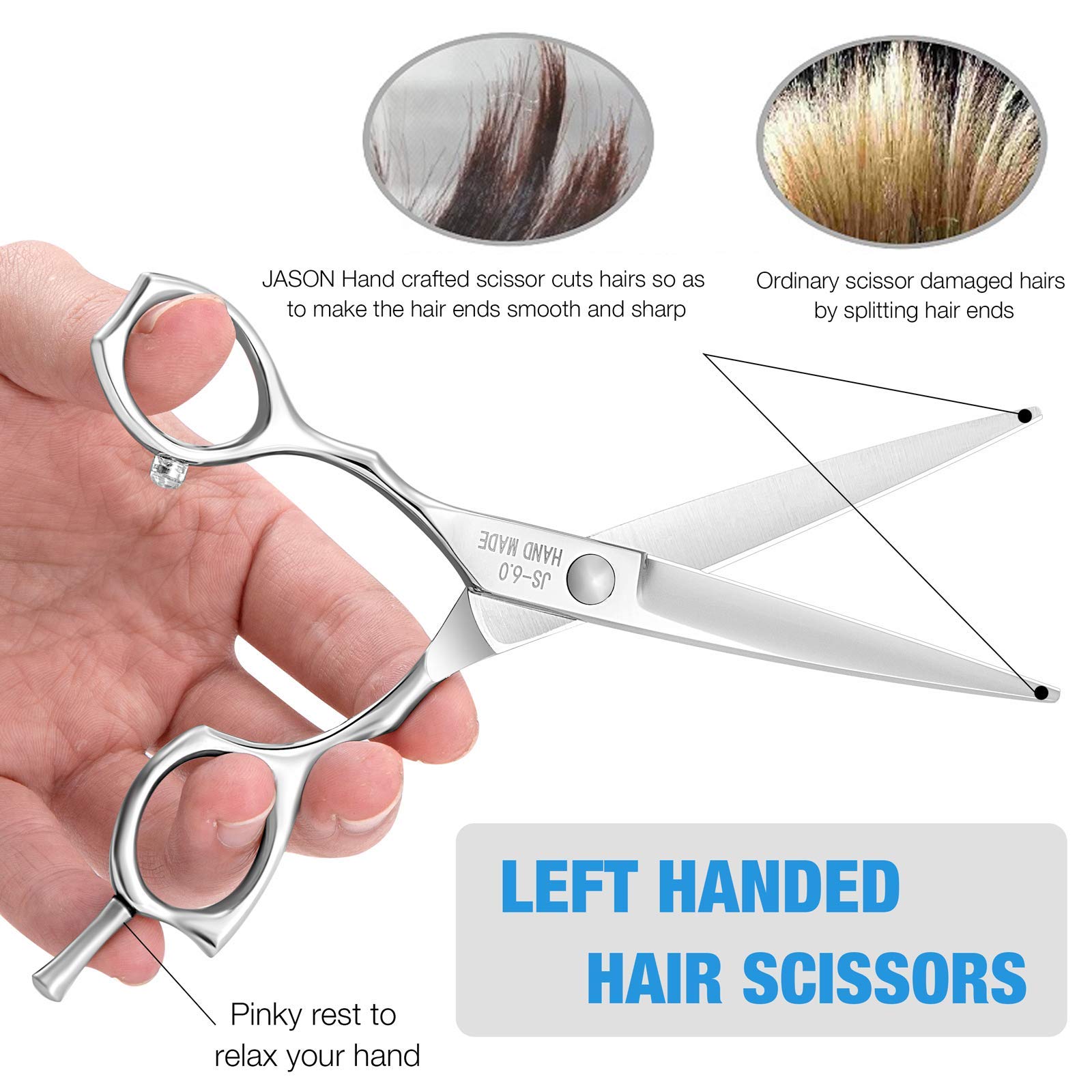 JASON 6 Inch Left Handed Barber Scissors, Professional Japanese Stainless Steel Hair Shears, Model Lifa15-Z.J, Straight Color