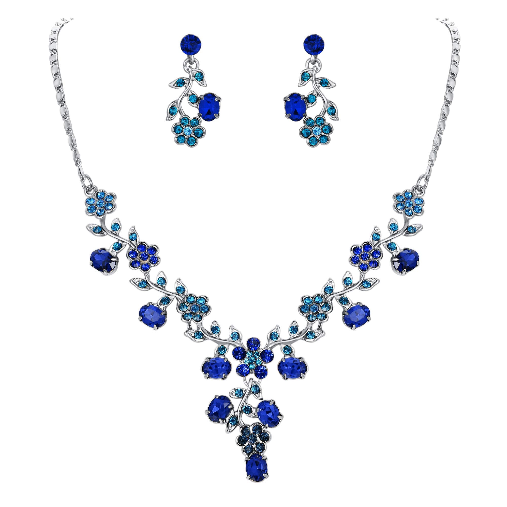 EVER FAITH Bridal Jewelry for Bride, Austrian Crystal Cluster Flower Leaf Wedding Necklace Earrings Sets Blue Silver-Plated-Base