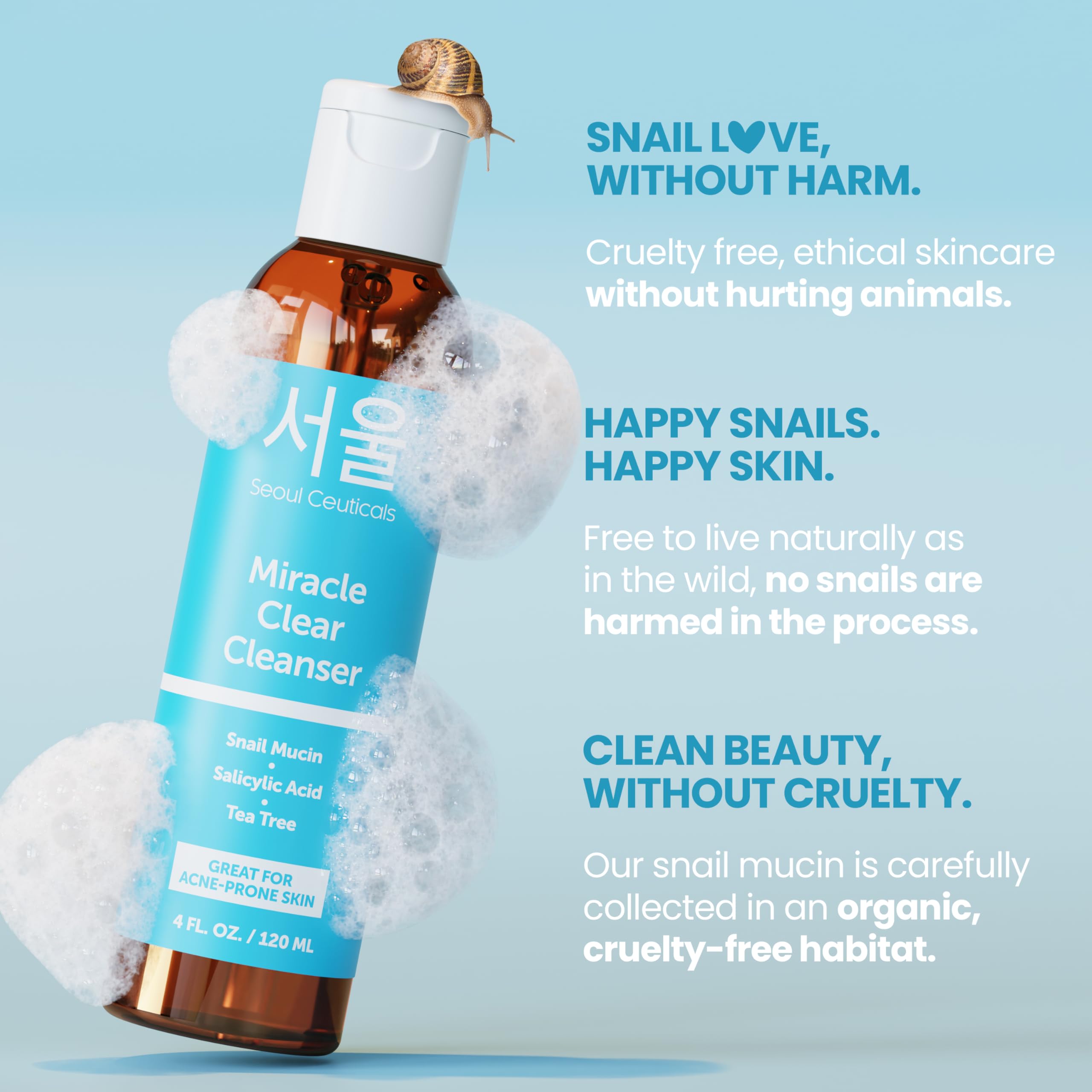 Seoulceuticals Korean Acne Snail Cleanser Face Wash - Snail Mucin, Salicylic Acid & Tea Tree Acne Treatment For Sensitive Skin &