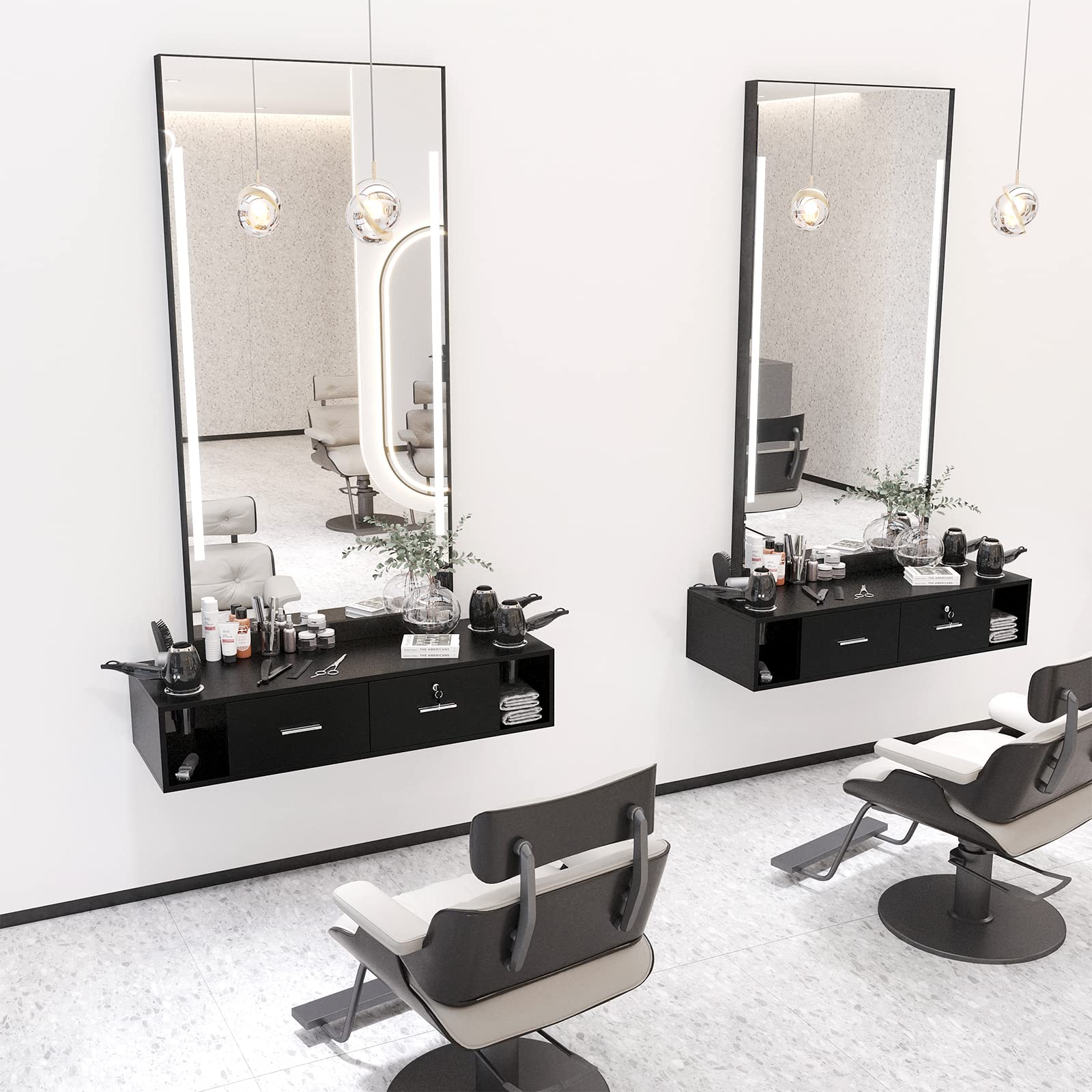 Omysalon Wall Mount Styling Station For Hair Stylist,Beauty Barber Spa Equipment,Salon Cabinet Station With Locking Drawers,Bath