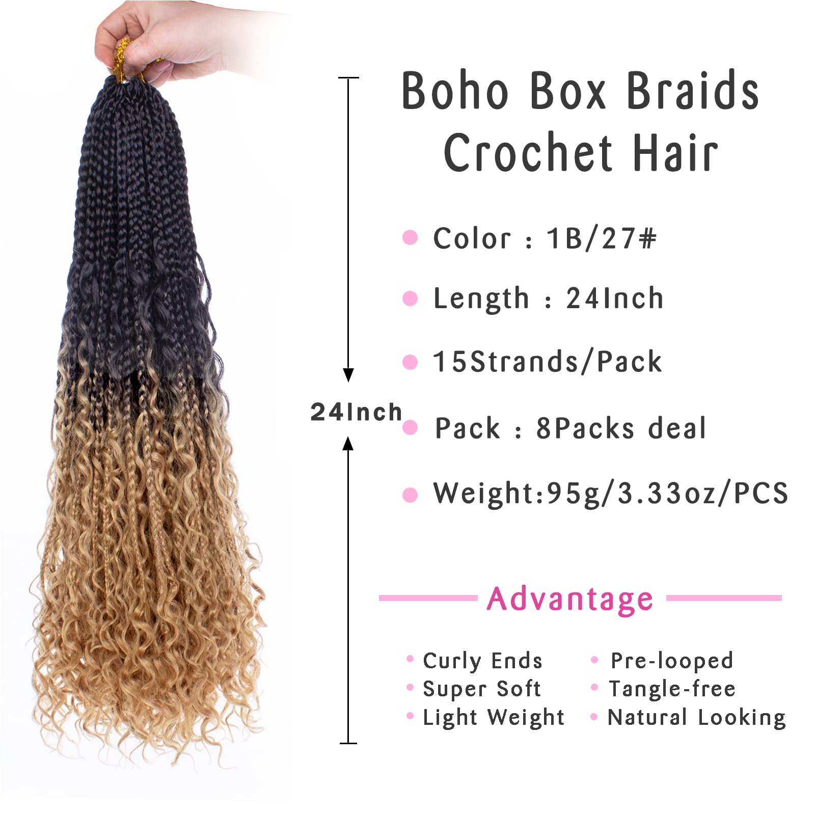 Unionbeauty 24 Inch 8 Packs Boho Box Braids Crochet Hair Curly Ends Goddess Box Braids Crochet Hair For Black Woman Bohemian Hip