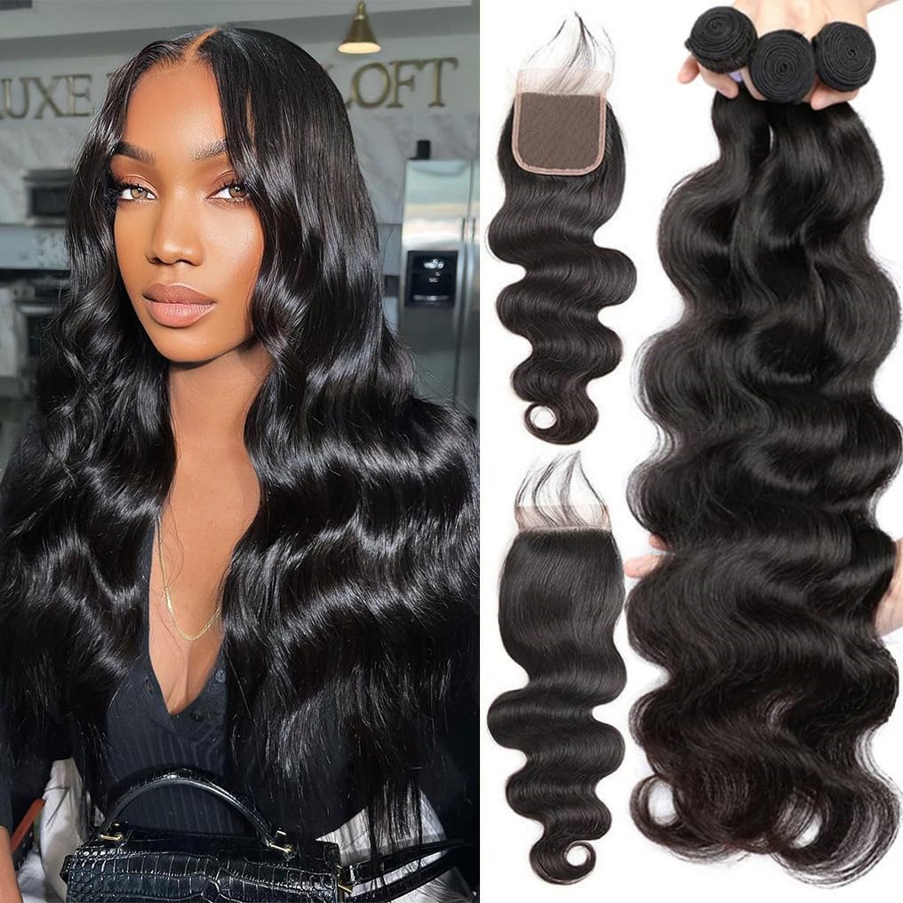 Bundles with Closure Human Hair (24 26 28+22,Free Part) 10A Brazilian Body Wave 3 Bundles with Closure 100% Virgin Human Hair Bu