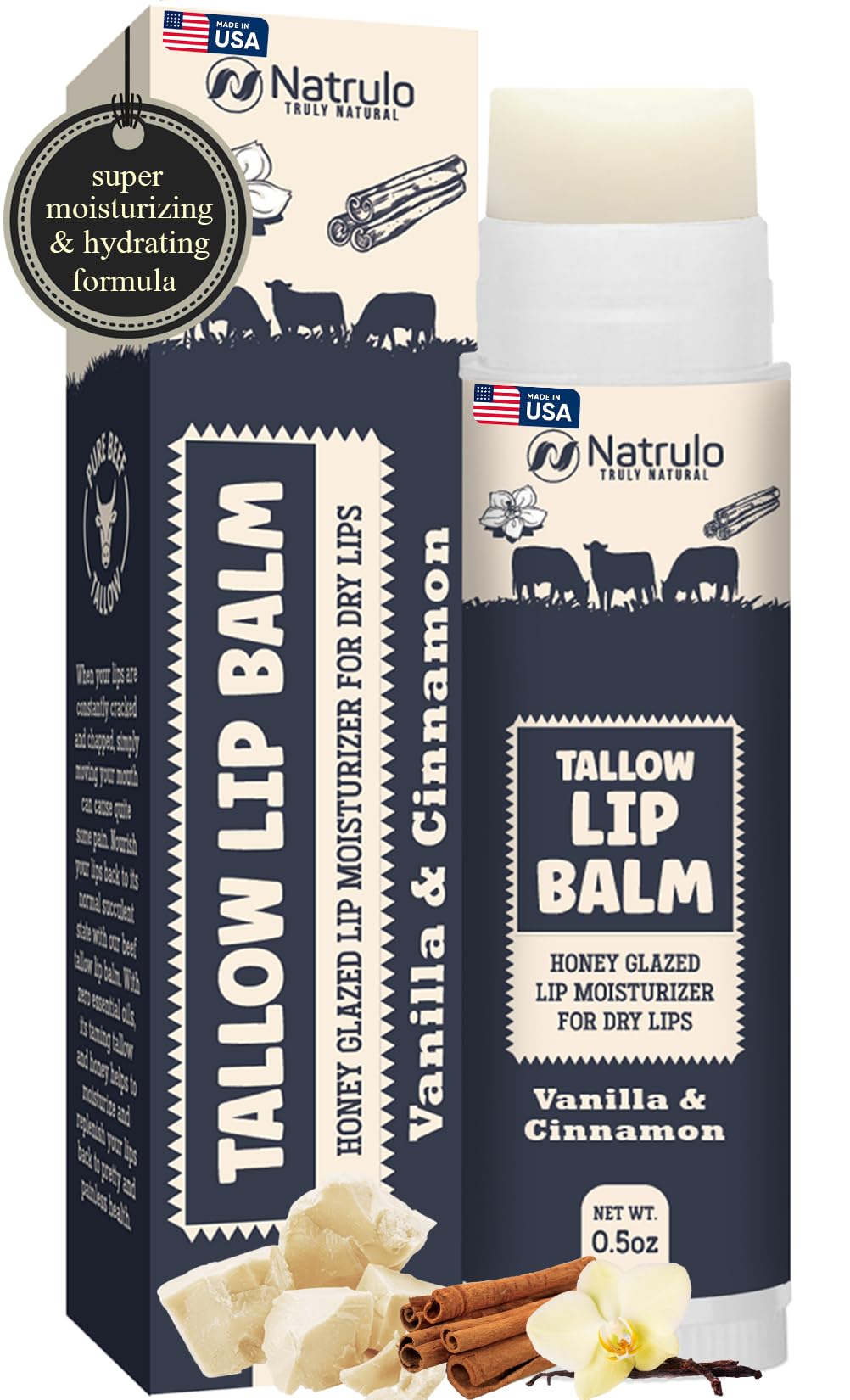 Beef Tallow Lip Balm - Natural Tallow Beeswax Chapstick - Hydrating Moisturizer Grass Fed Bison Tallow Balm Lip Care - Soothes C