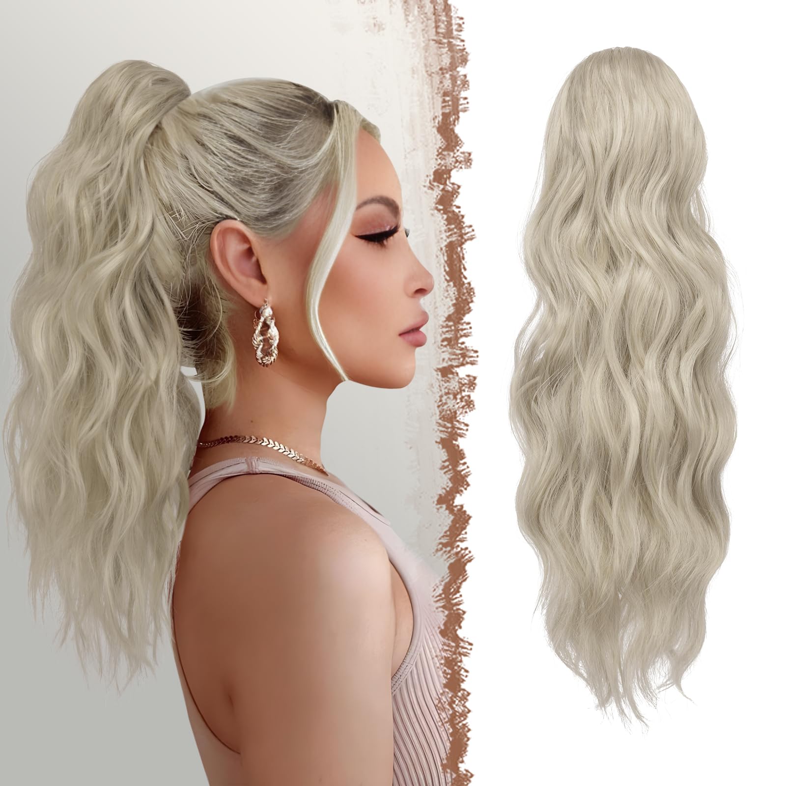 Feshfen Ponytail Extensions, Drawstring Ponytails Hair Extension Platinum Silver Blonde Long Curly Wavy Hair Piece Synthetic Pon