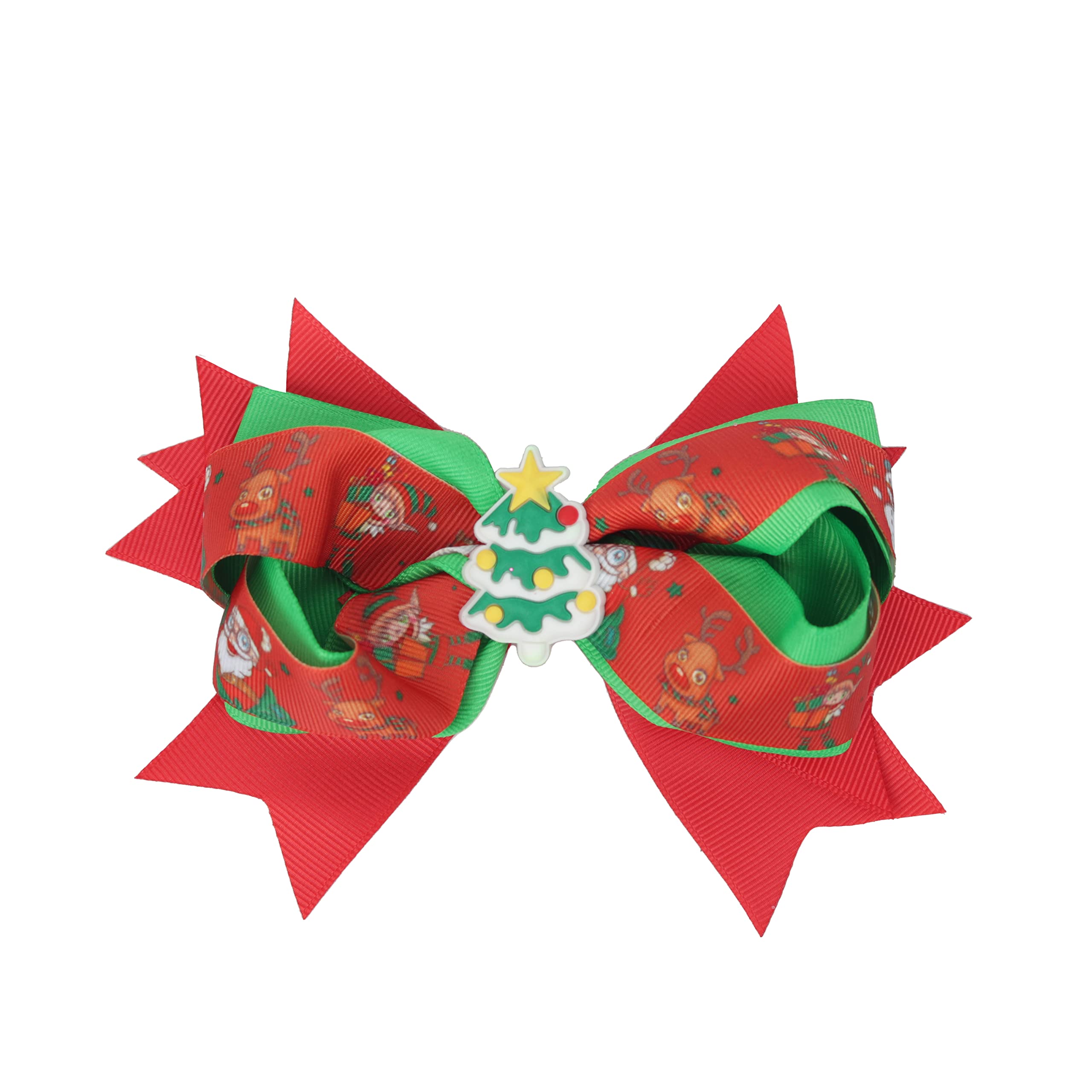 Girls 5.5 inch Wie Hair Bow Layered Christmas Bow with Silicone Charm - Green Tree