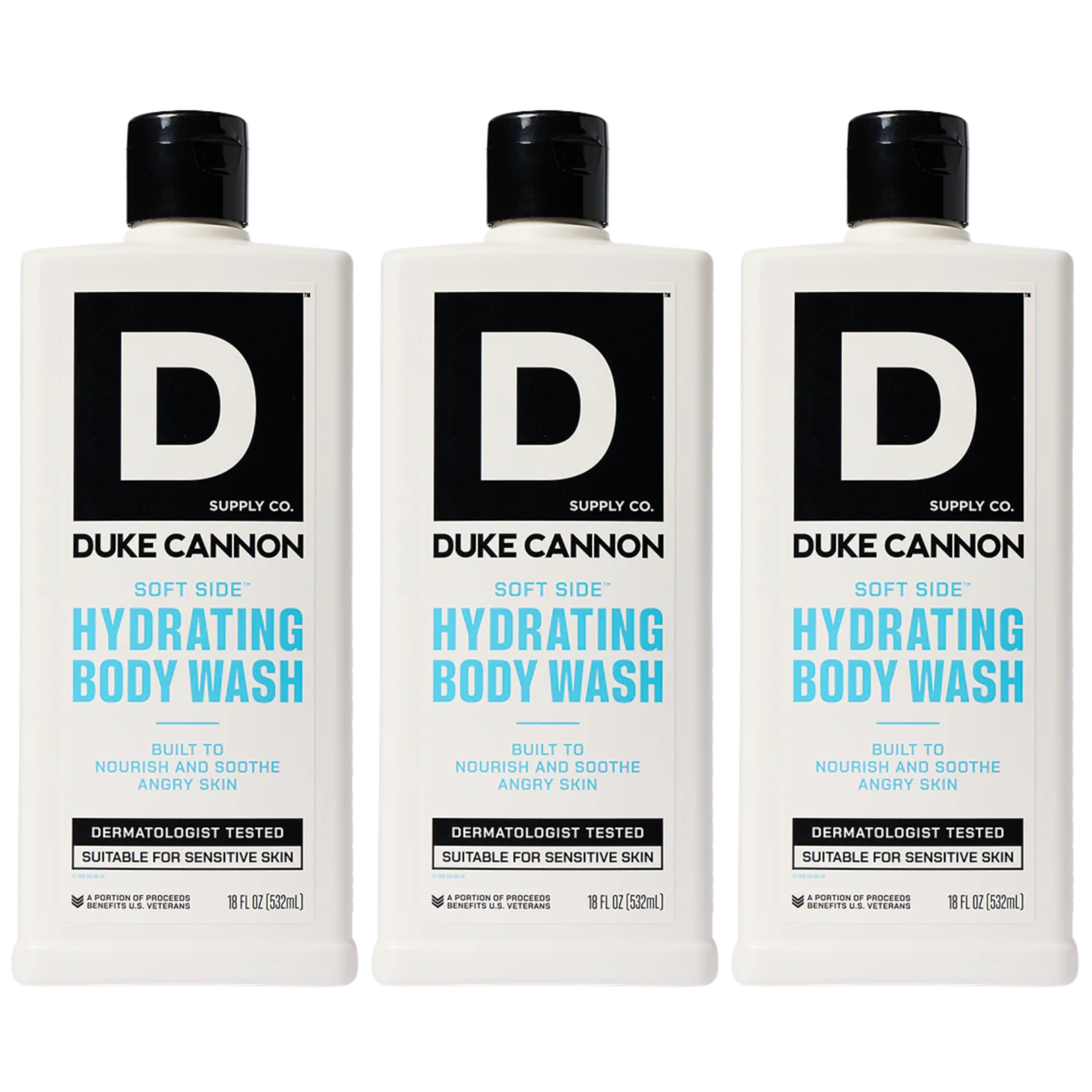 Duke Cannon Supply Co. Soft Side Hydrating Body Wash for Men - 18 oz Moisturizing Shower Gel, 3-Pack, Shea Butter & Oat Protein,