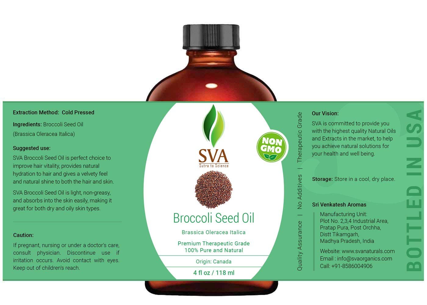Sva Broccoli Seed Oil - 4 Fl Oz - 100% Natural Cold Pressed Broccoli Oil - For Face, Skin Care, Hair Care, Scalp Massage & Body