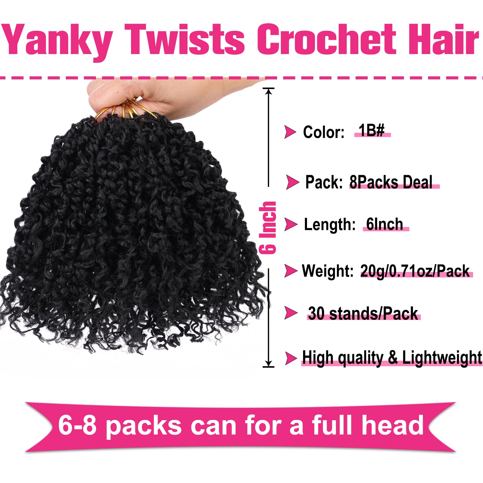 Unionbeauty 6 Inch Yanky Twist Crochet Braids Hair 8Packs Natural Black Pre-Twisted Micro Passion Twist Crochet Hair Pre-Looped