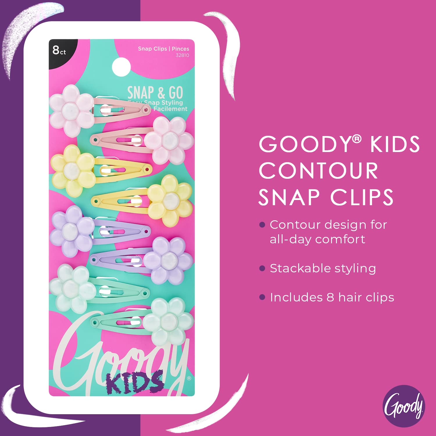 Goody Kids Mini Epoxy Contour Snap Clips - 8 Count, Daisy Charm - Just Snap Into Place - Suitable For All Hair Types - Pain-Free
