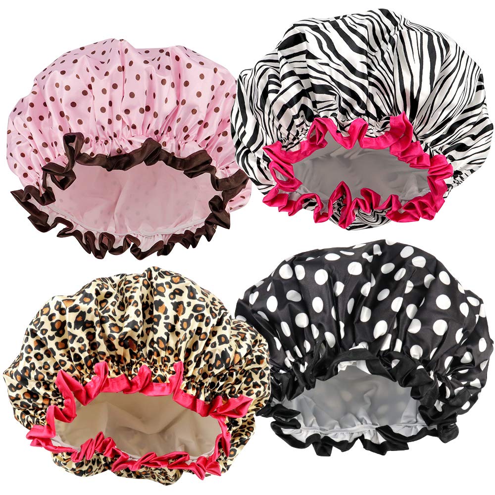 Tcotbe 4 Pieces Shower Cap For Women, Elastic And Reusable, Environmental Protection Hair Bath Caps, Double Waterproof Layers Ba
