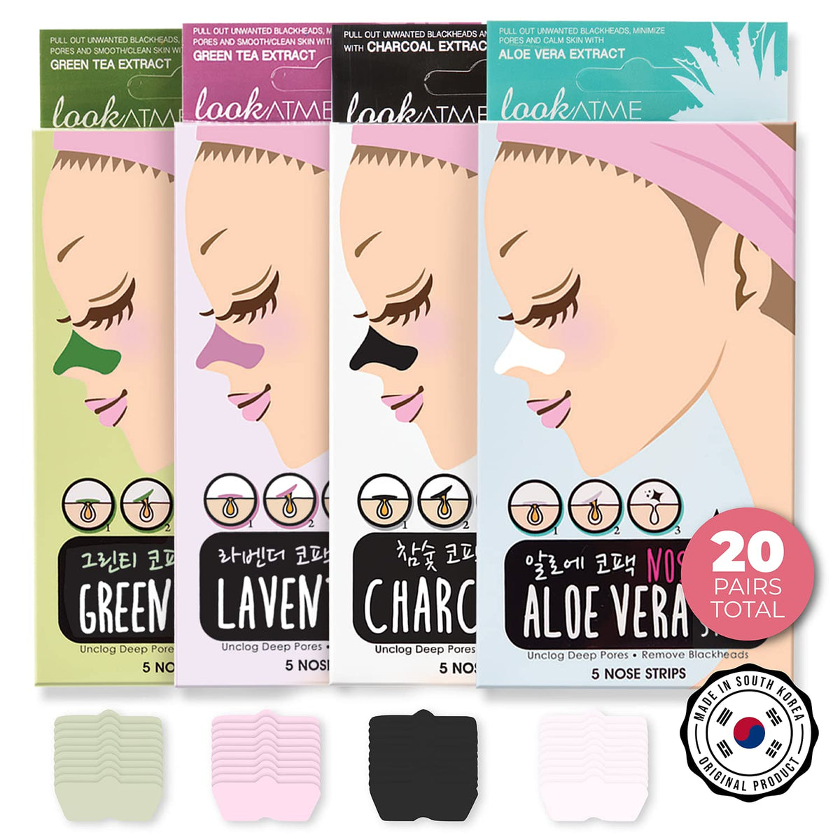 LOOKATME Nose Pore Strips (4-Pack, 20 Nose Strips). Korean Skin Care Blackhead Remover. K Beauty Blackhead Strips for Nose and F