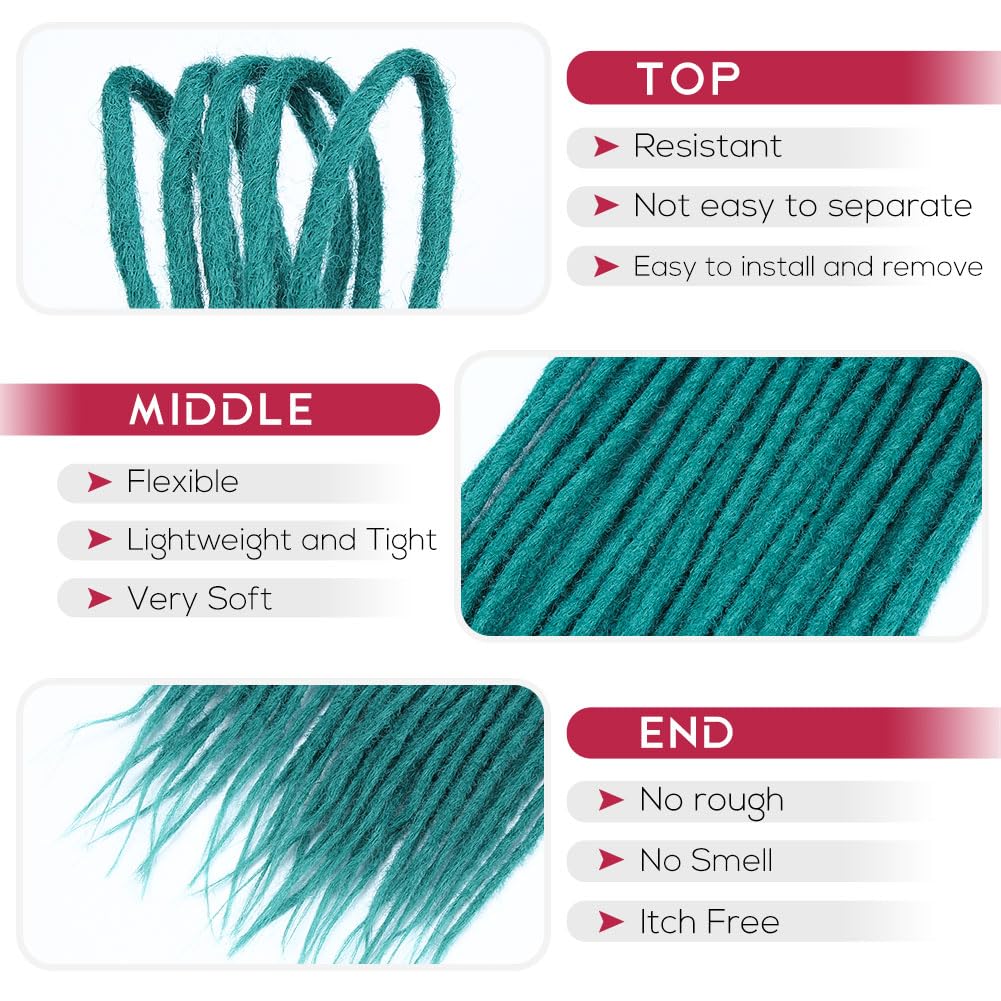 Kraler 24 Inch Castleton Green Double Ended Dreadlock Extensions, 20 Strands Handmade Synthetic DE Dreads Extensions, Thin 0.6cm