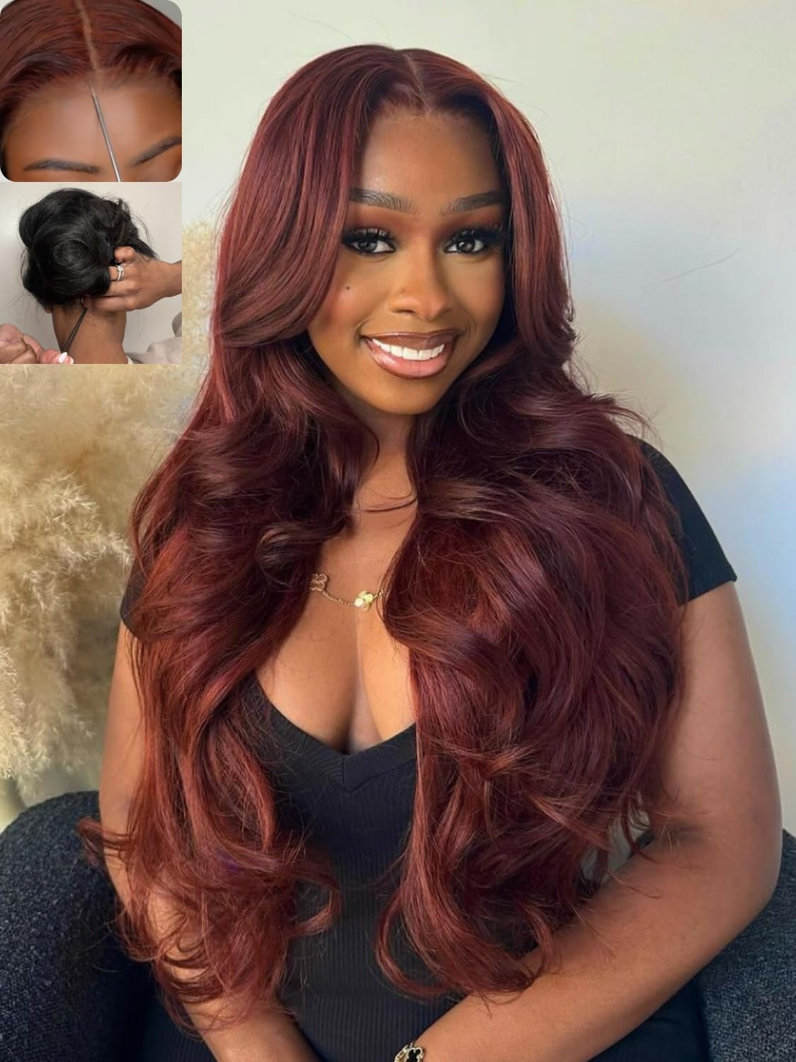 Nadula 7X5 No Slip Reddish Brown Body Wave Drawstring Wig Human Hair, Glueless Pre Cut Bye Bye Knots Lace Front Wig Pre Plucked 