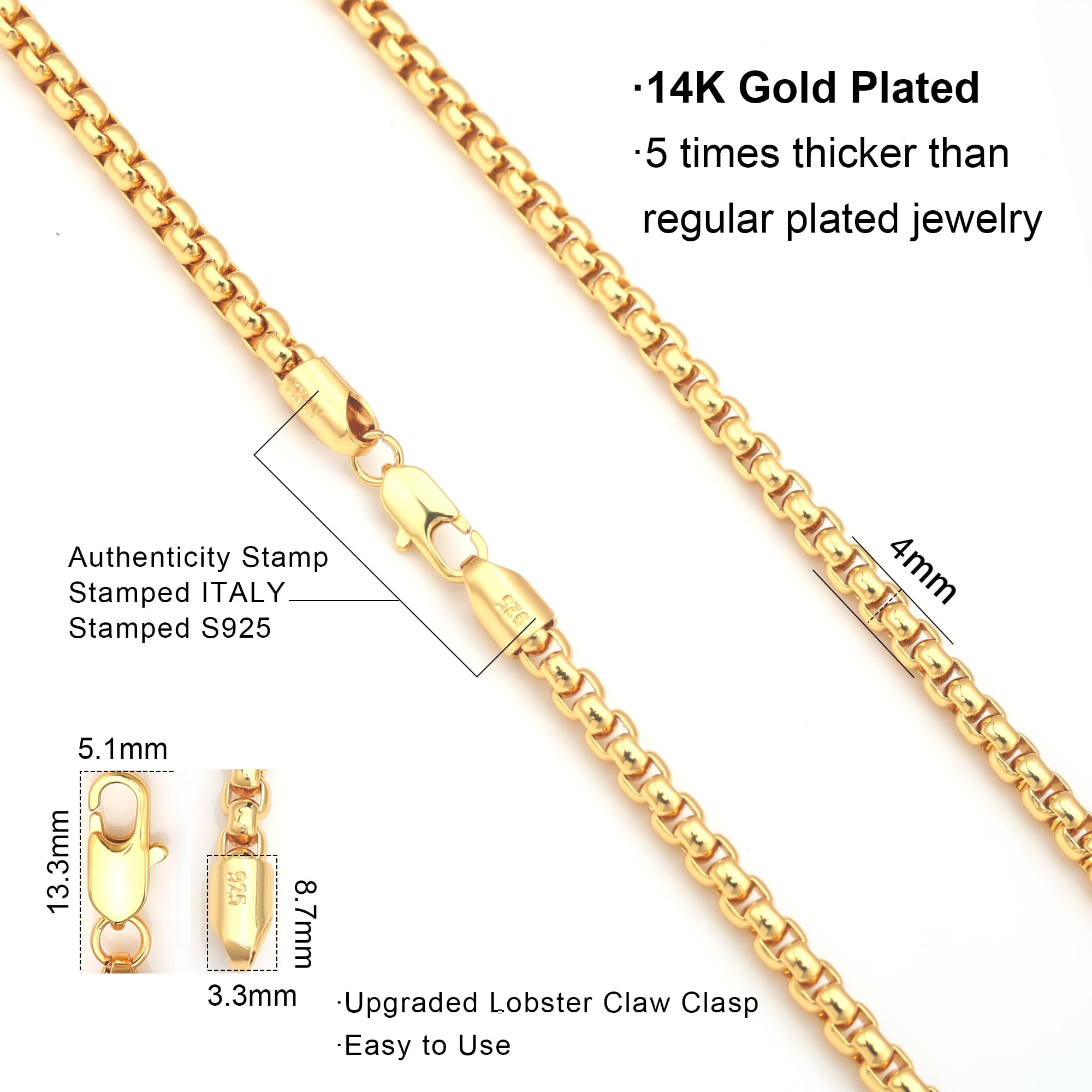 Waitsoul 925 Sterling Silver Box Chain Lobster Clasp 4mm Gold Chain for Women Men Gold Necklace Chain 16-30 Inches (26)