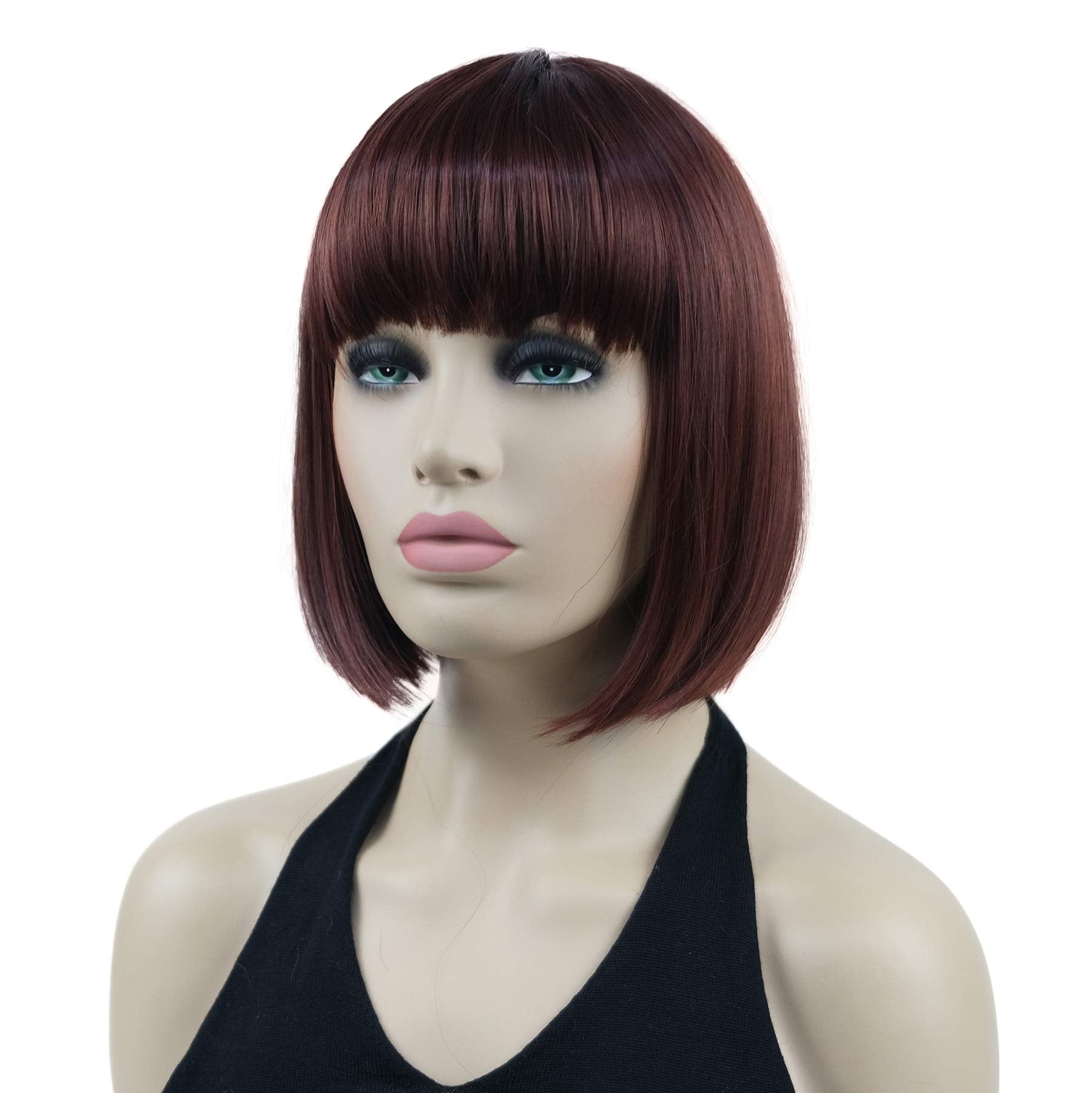 Lydell 8'' Straight Short Bob Hair Flat Bangs Cute Central Dot Skin Top Heat Resistant Synthetic Wigs (33A Dark Auburn)