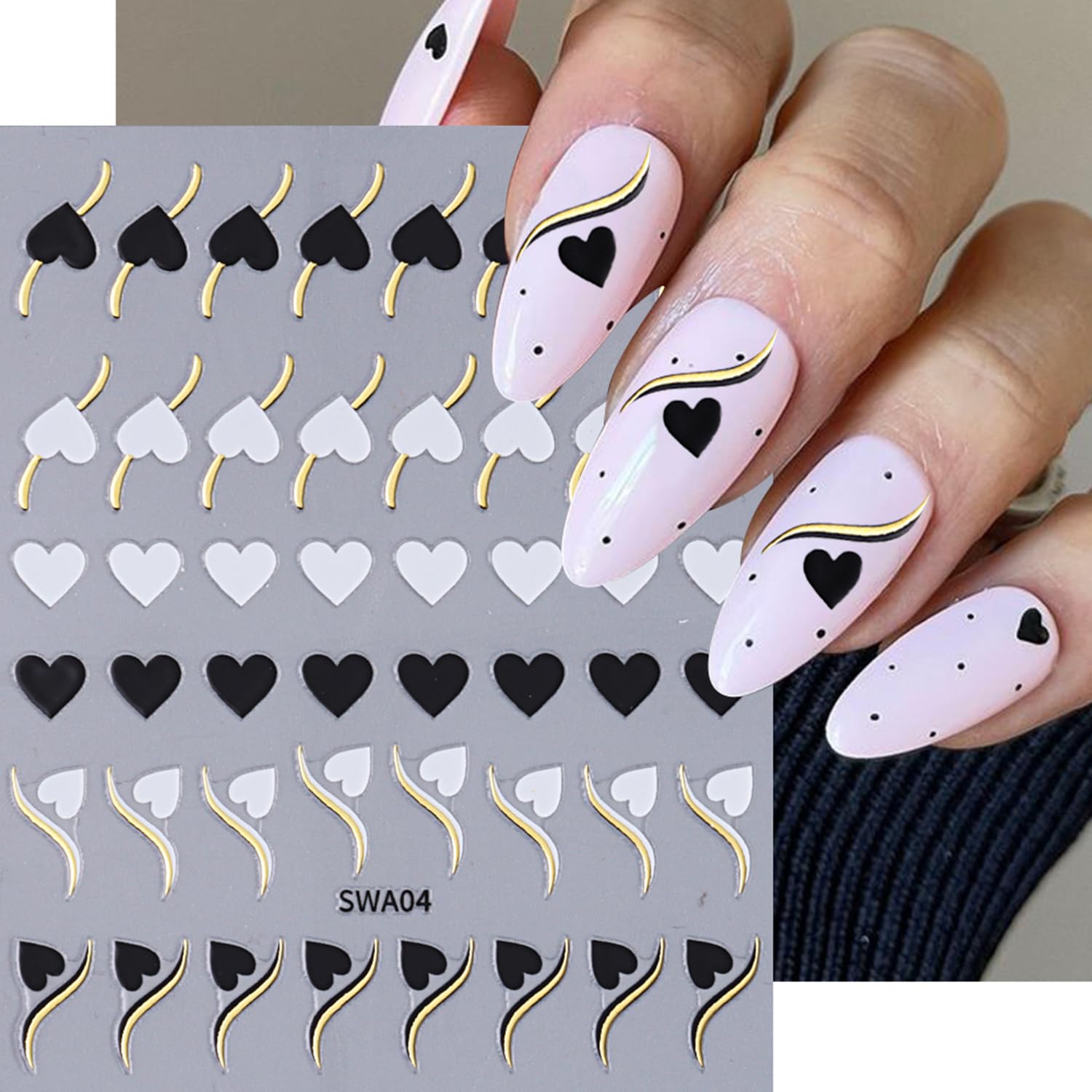 6 Sheets Valentines Day Nail Art Stickers 3D Self-Adhesive Heart Nail Stickers White Black Pink Red Hearts French Nail Design Na