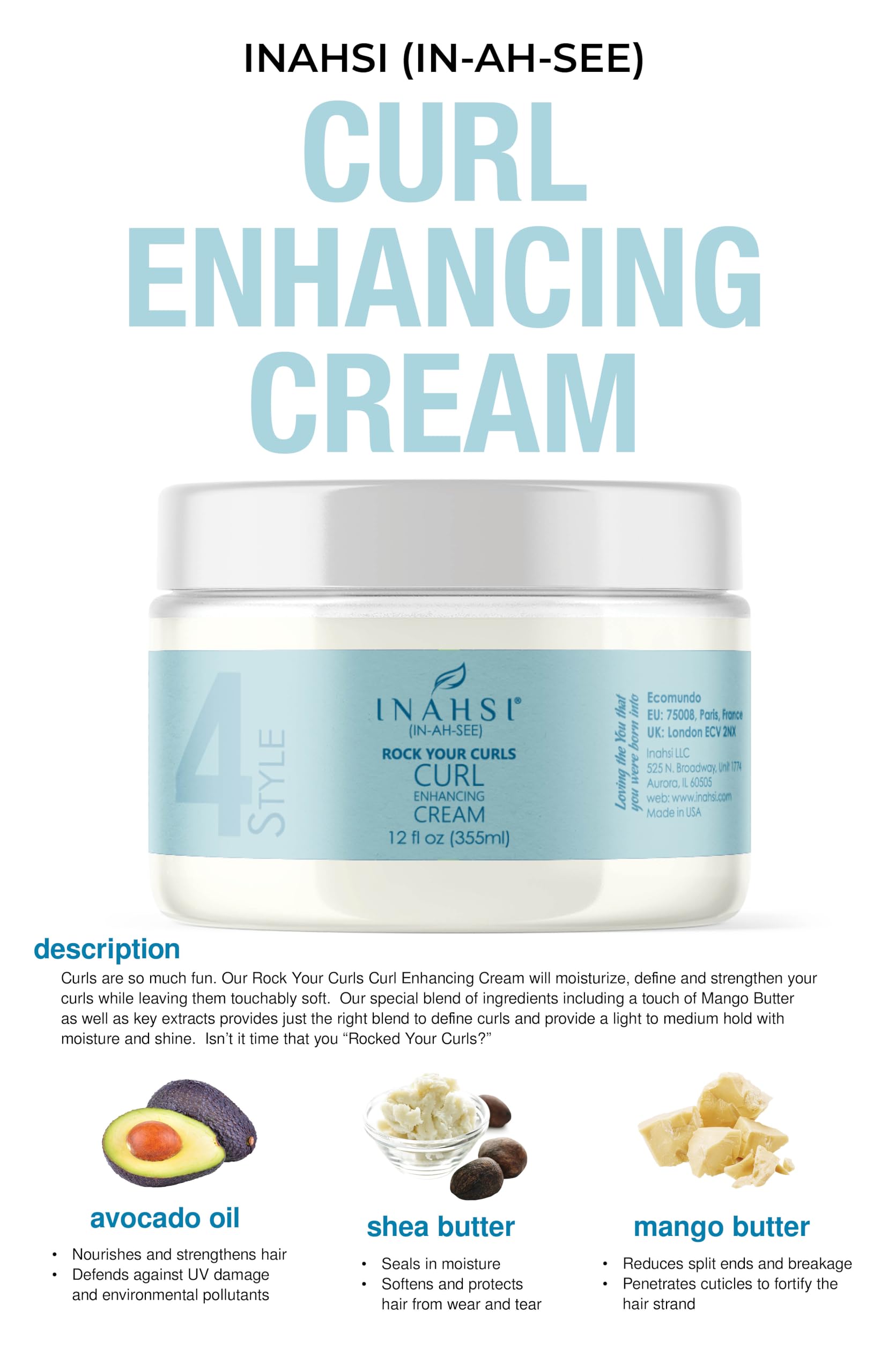 Inahsi Rock Your Curls Curl Enhancing Cream | Hair Cream for Men, Women, or Kids with Curly Hair | Hair Products for Naturally C