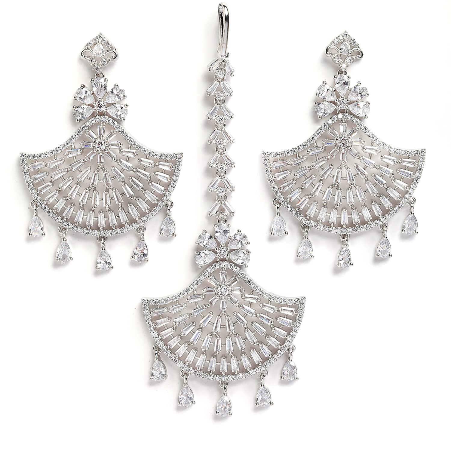 ZENEME Stylish Shiny Round Design RodhiumPlated Maang Tikka Earring Set Jewellery For Women and Girls (Design 4)