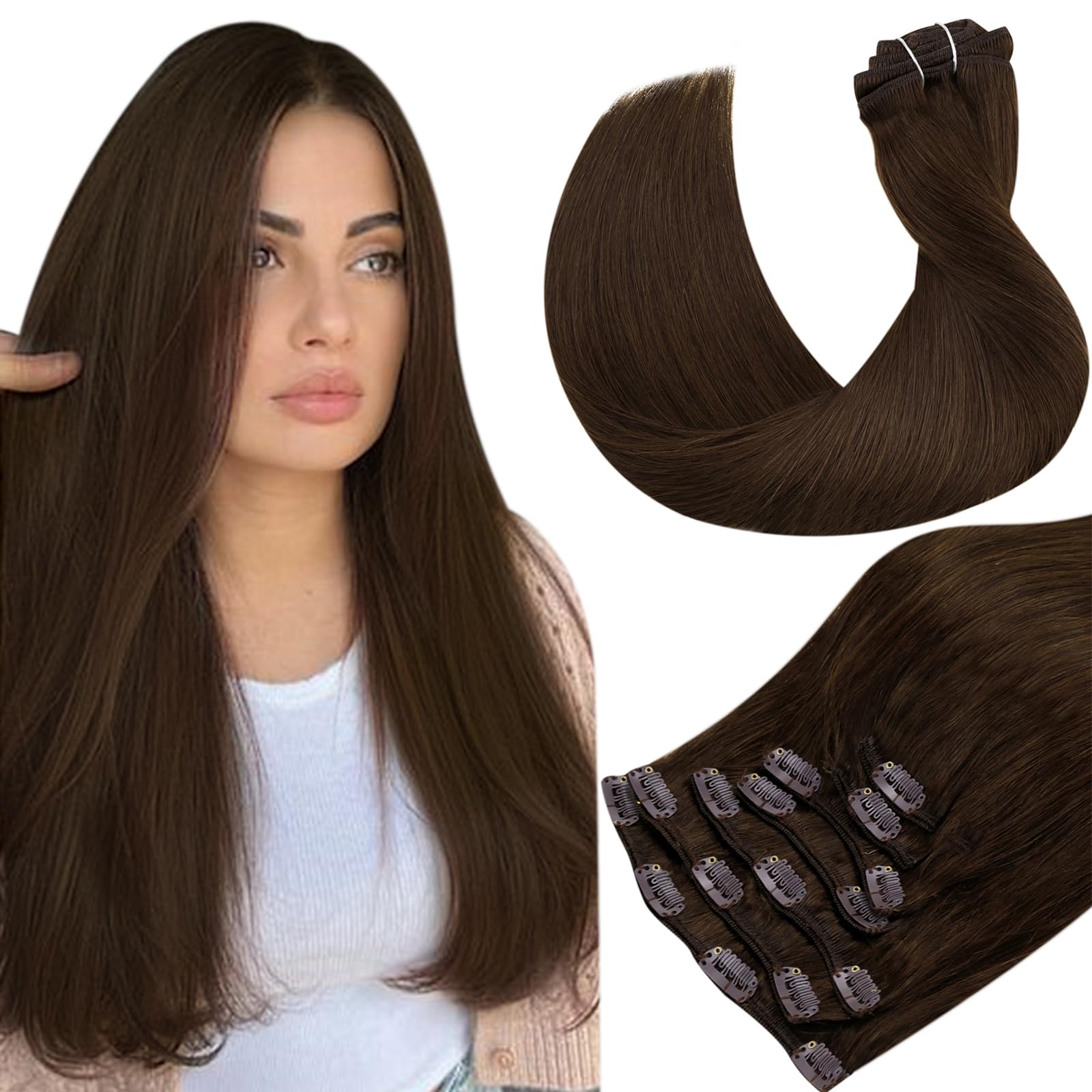 Hetto Clip in Hair Extensions Real Human Hair 12 Inch 7pcs Natural Brown Hair Extensions Clip ins Real Human Hair #4 Dark Brown 