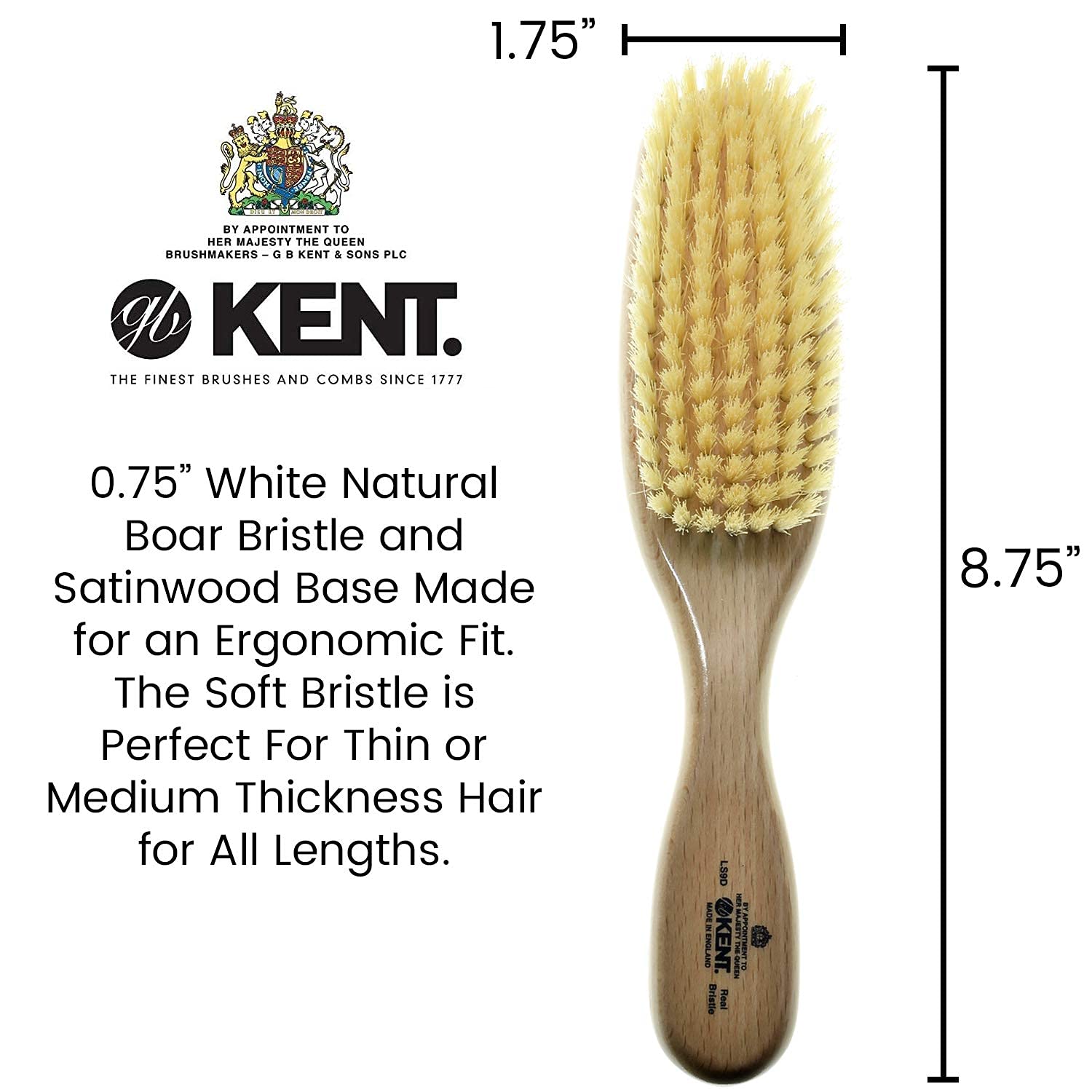 Kent Ls9D Ladies Finest Hair Brush For Women - Boar Bristle Hair Brush Made Of Satinwood And Soft Boar Bristle For Thin Hair - L