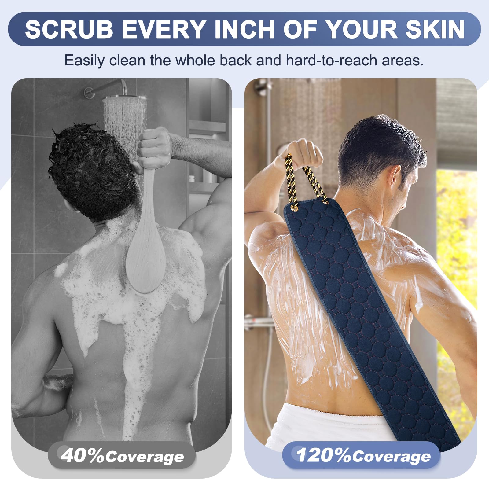 Exfoliating Back Scrubber With Handles, 39 Inch Double-Sided Back Exfoliator Body Scrub Towel, Exfoliating Washcloth Bath Tool F