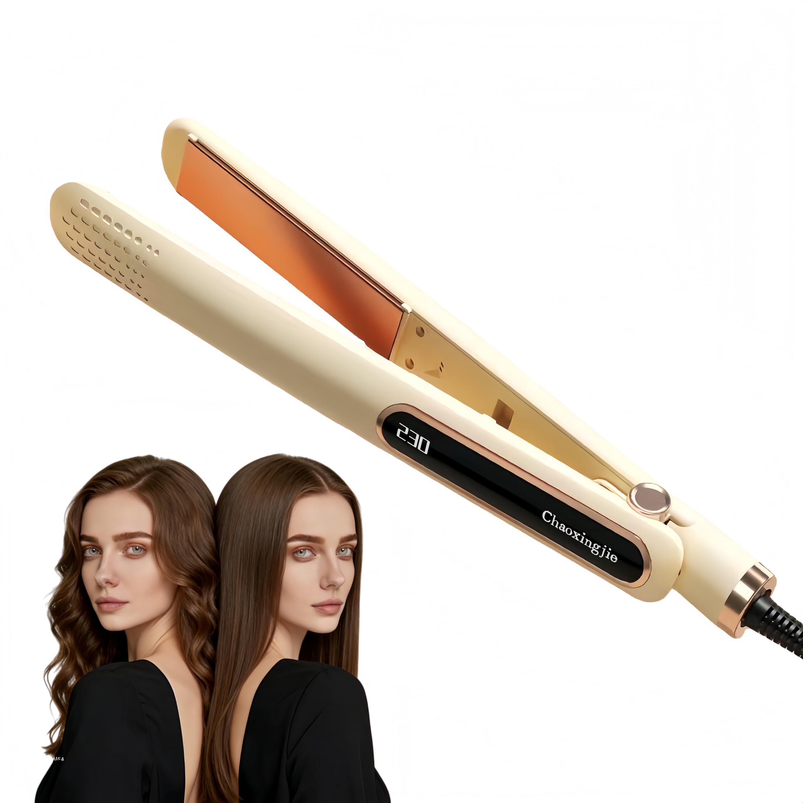 CHAOXINGJIE Flat Iron Hair Straightener 1 Inch Flat Iron and Curler 2 in 1 Titanium Ceramic Ionic Dual Voltage& LED Display Stra
