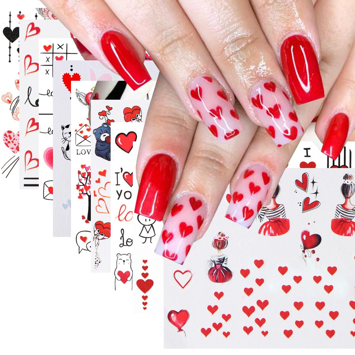 8Pcs Valentine'S Day Nail Stickers Heart Nail Water Decals Transfer Foils Cartoon Cute Bear Love Heart Couple Lover Design Valen