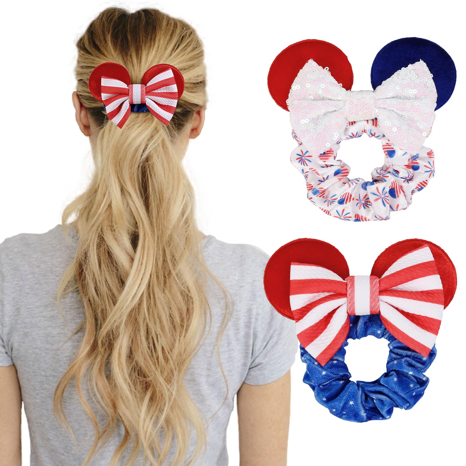 4th of July Hair Scrunchies Mouse Ear Accessories for Women Girls Independency Day Mice Ears Hair Ties Sequins Hair Bow Scrunchi