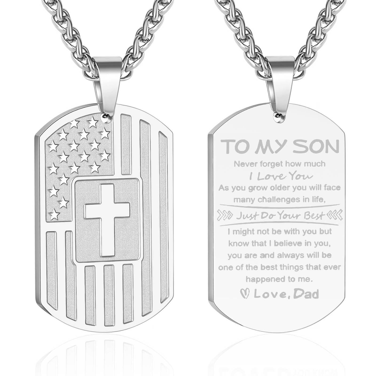 Zocomi To My Son Gifts from Dad Father Dog Tag Cross Necklace America Flag Pendant Chain Jewelry Valentines Day Birthday Graduat