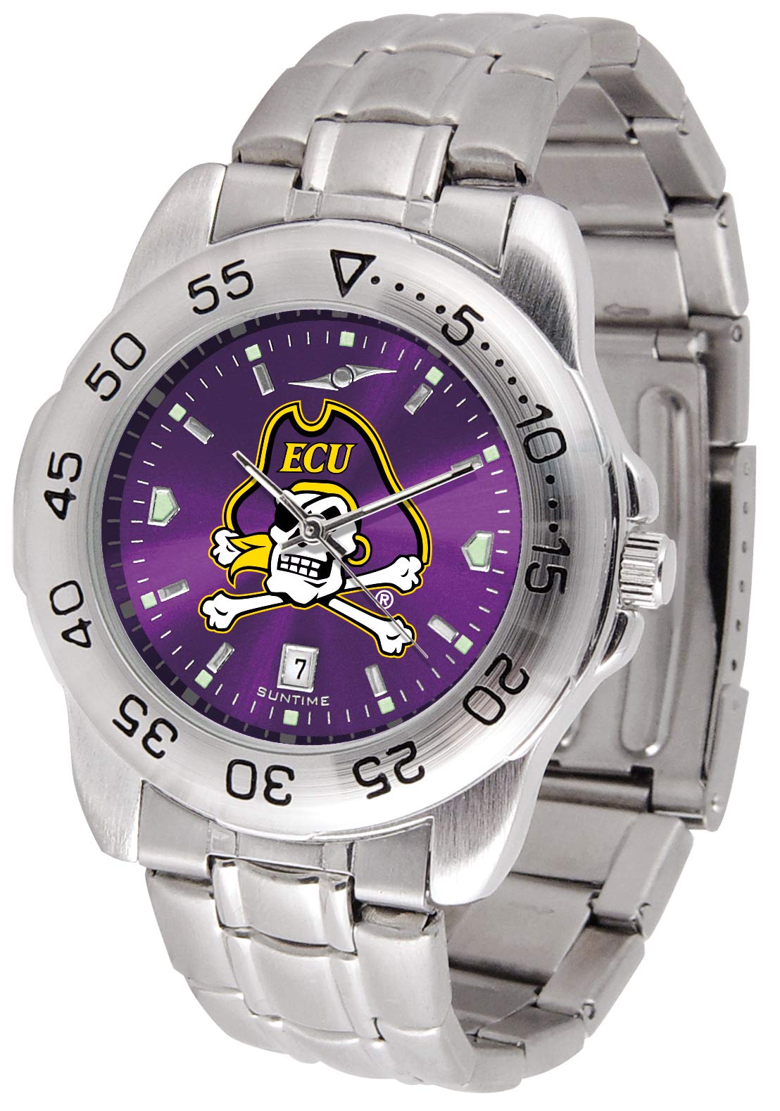 SunTime Men's East Carolina Pirates Sport Watch, 20mm Stainless Steel Strap, Reflective Shiny Dial with Date