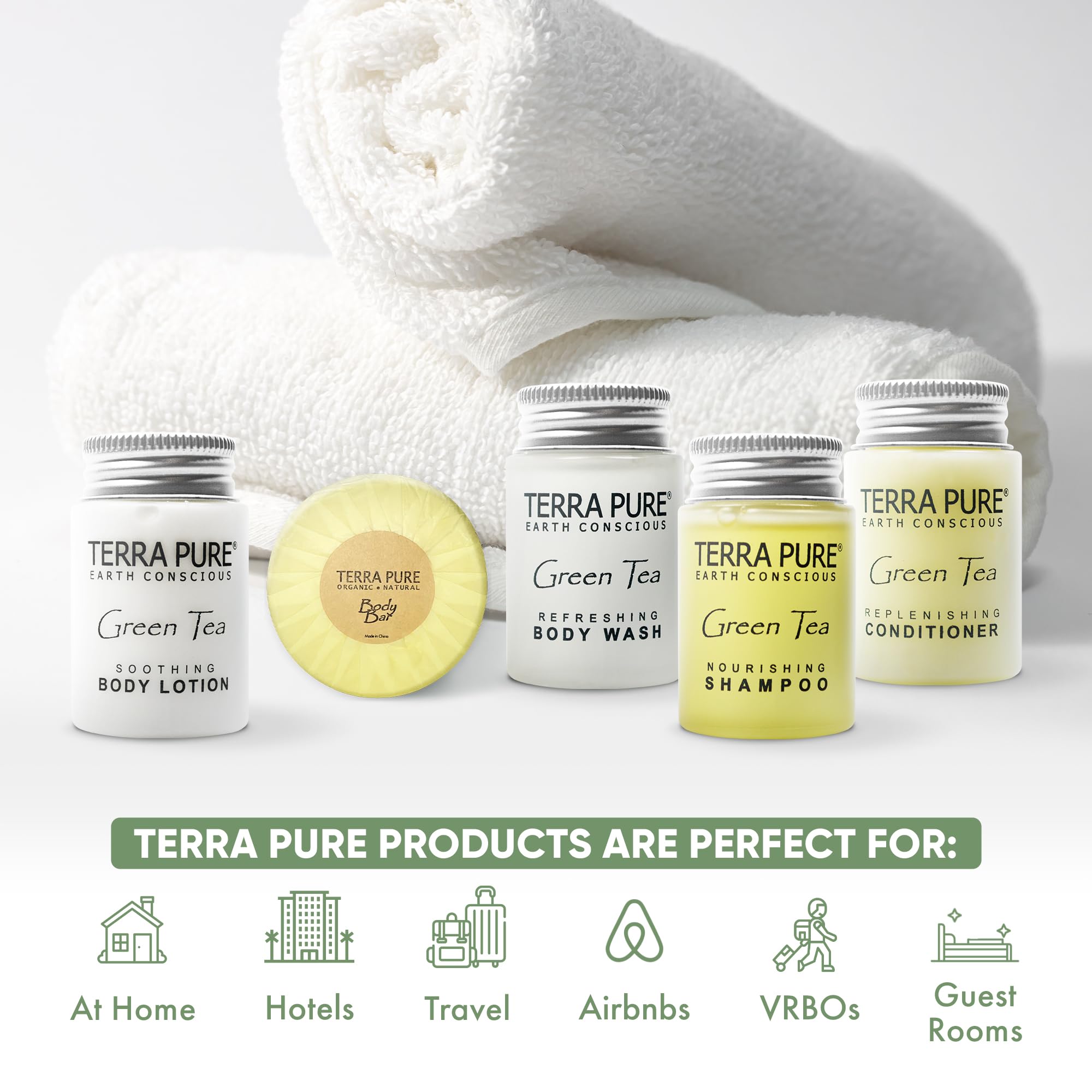Terra Pure Hotel Soaps And Toiletries Bulk Set | 1-Shoppe All-In-Kit Amenities For Hotels | 1Oz Hotel Shampoo & Conditioner, Bod