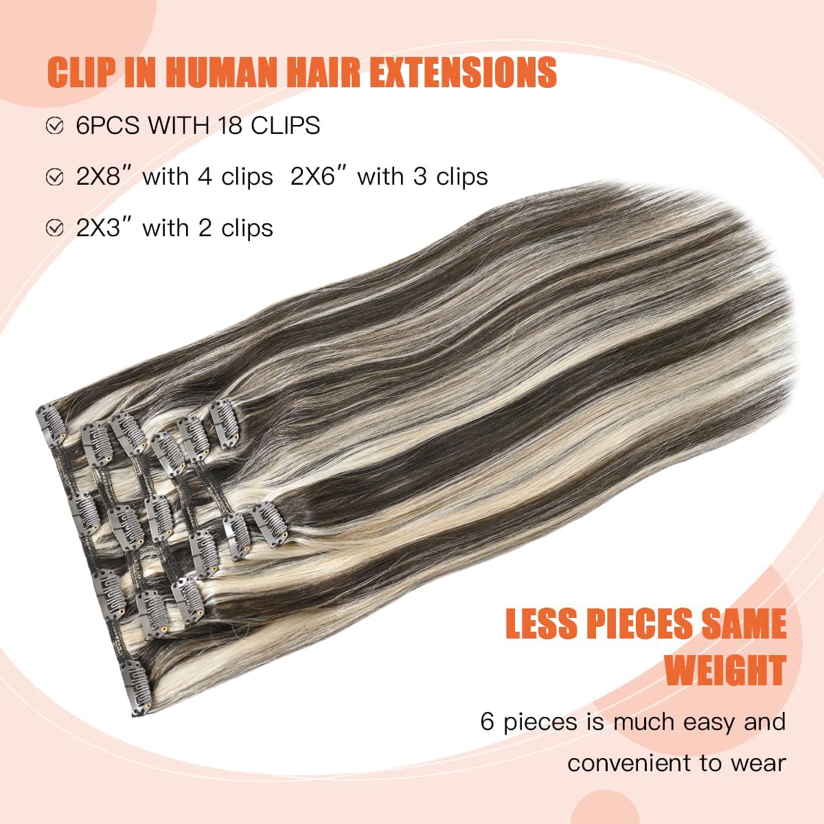 Ugotrays Clip In Hair Extensions Dark Brown Mixed Bleach Blonde Highlight Hair Extensions 12 Inch 70G 7Pcs Straight Real Human H