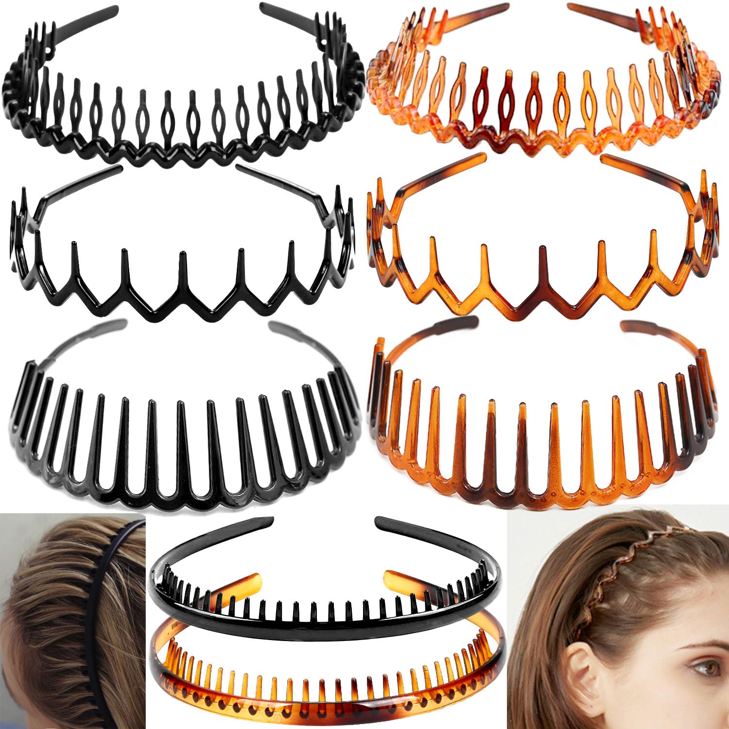 ULTIMUTE 8 PCS Fashion Effortless Plastic Headbands with Teeth Comb Black Skinny Headbands No Slip Hair Accessories Bands for Wo