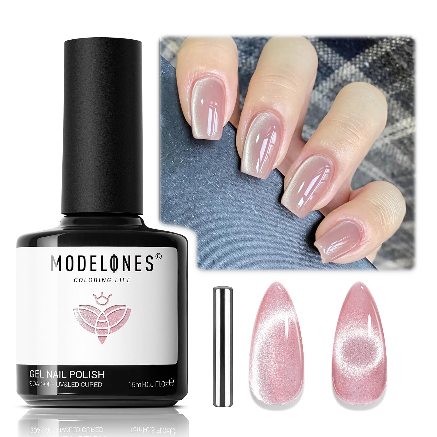 Modelones Cat Eye Gel Nail Polish, 15 Ml Pink Glass Cat Eye Gel Nail Polish With Magnet Spring White Silver Shimmer Soak Off Ref