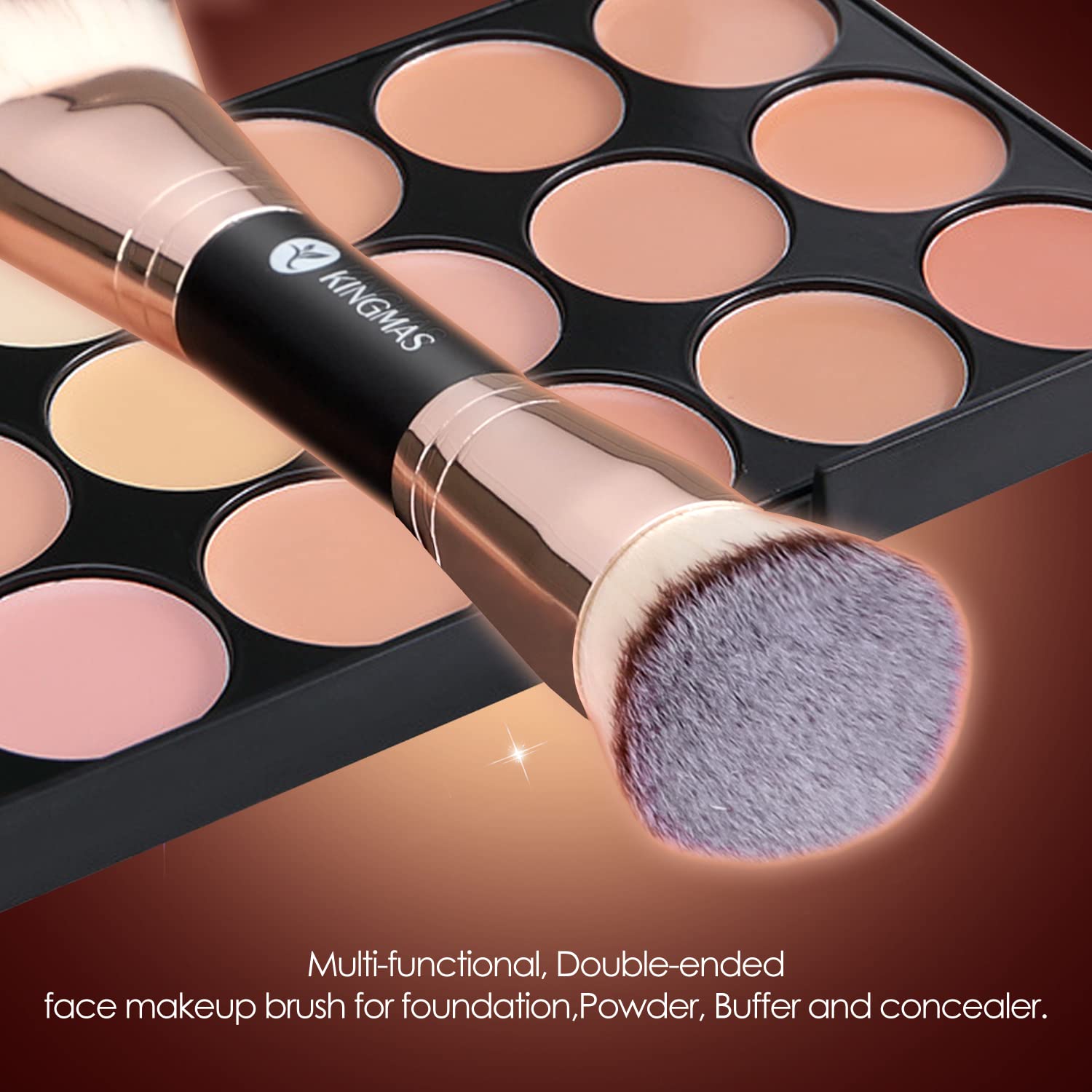 Kingmas Foundation Makeup Brush, Premium Kabuki Brush, Double-Ended Contour Brush (Flat/Angled Round Top) For Blending Liquid Po